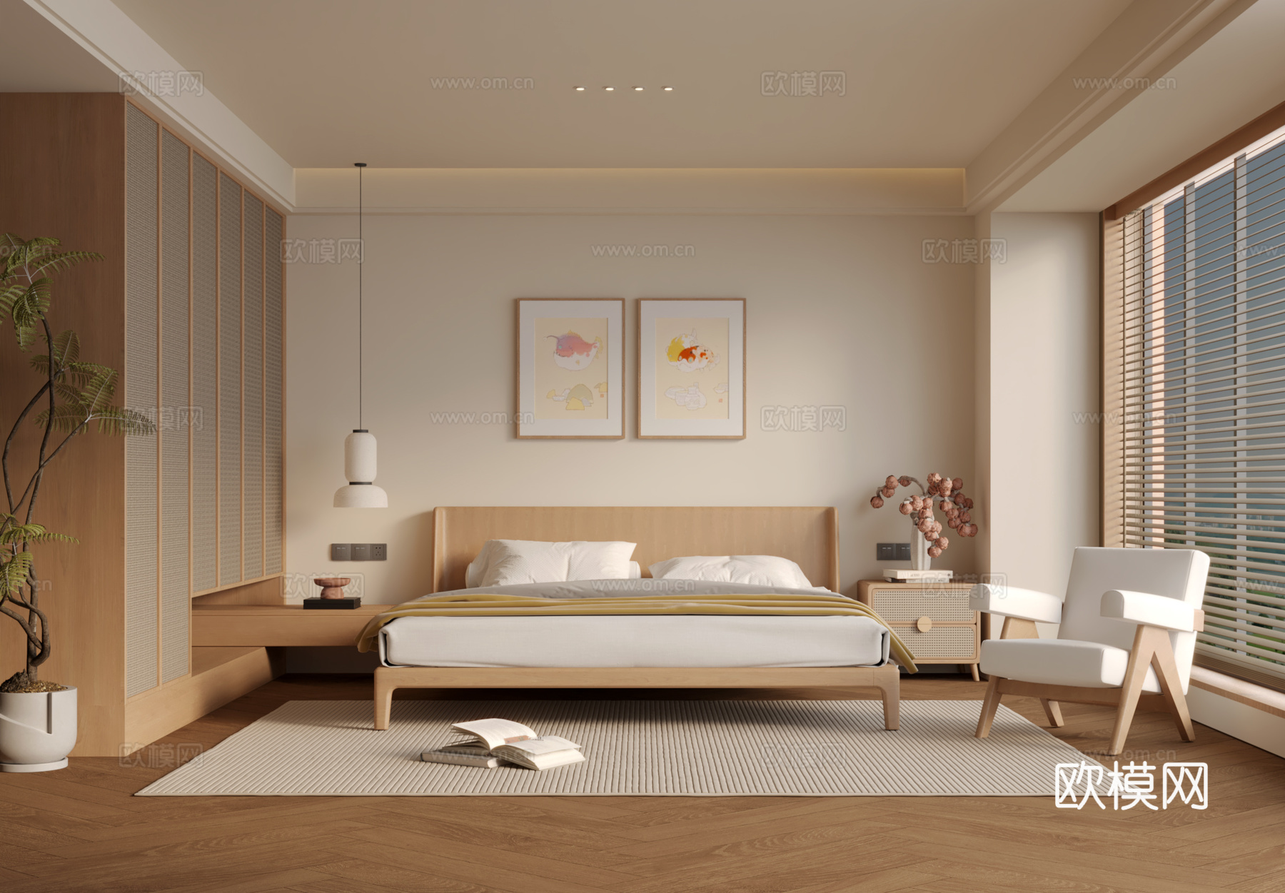 日式原木风卧室3d模型下载（渲染图1）