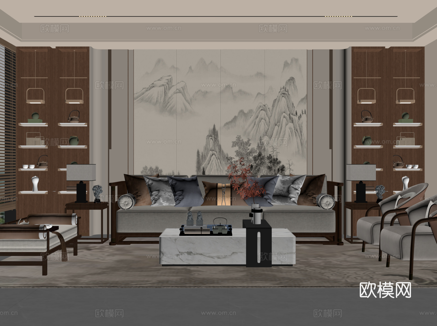 新中式客厅 沙发茶几组合 沙发背景墙su模型