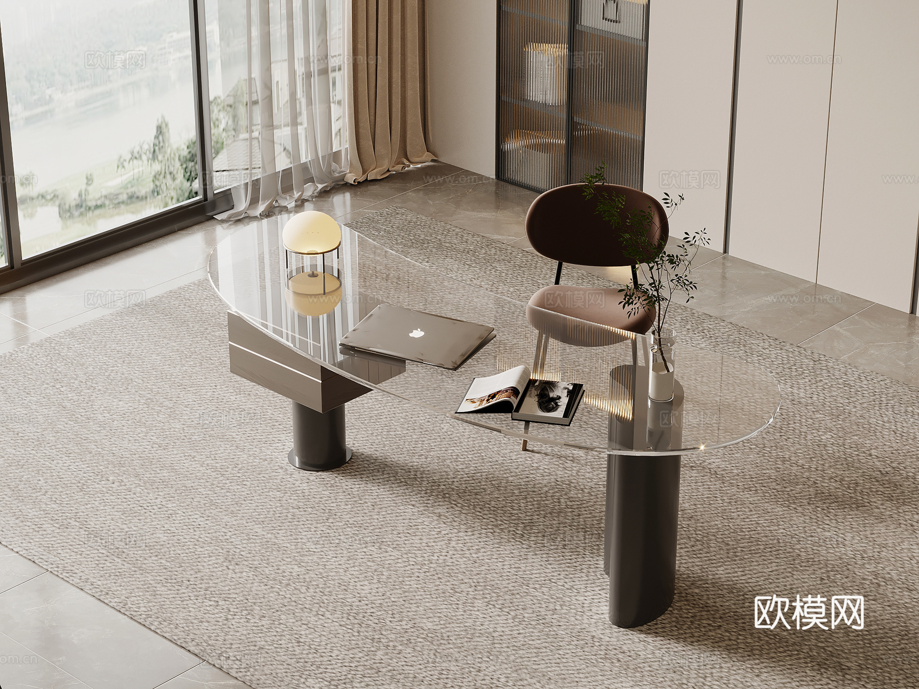 现代简约书房 书桌椅 办公桌椅su模型