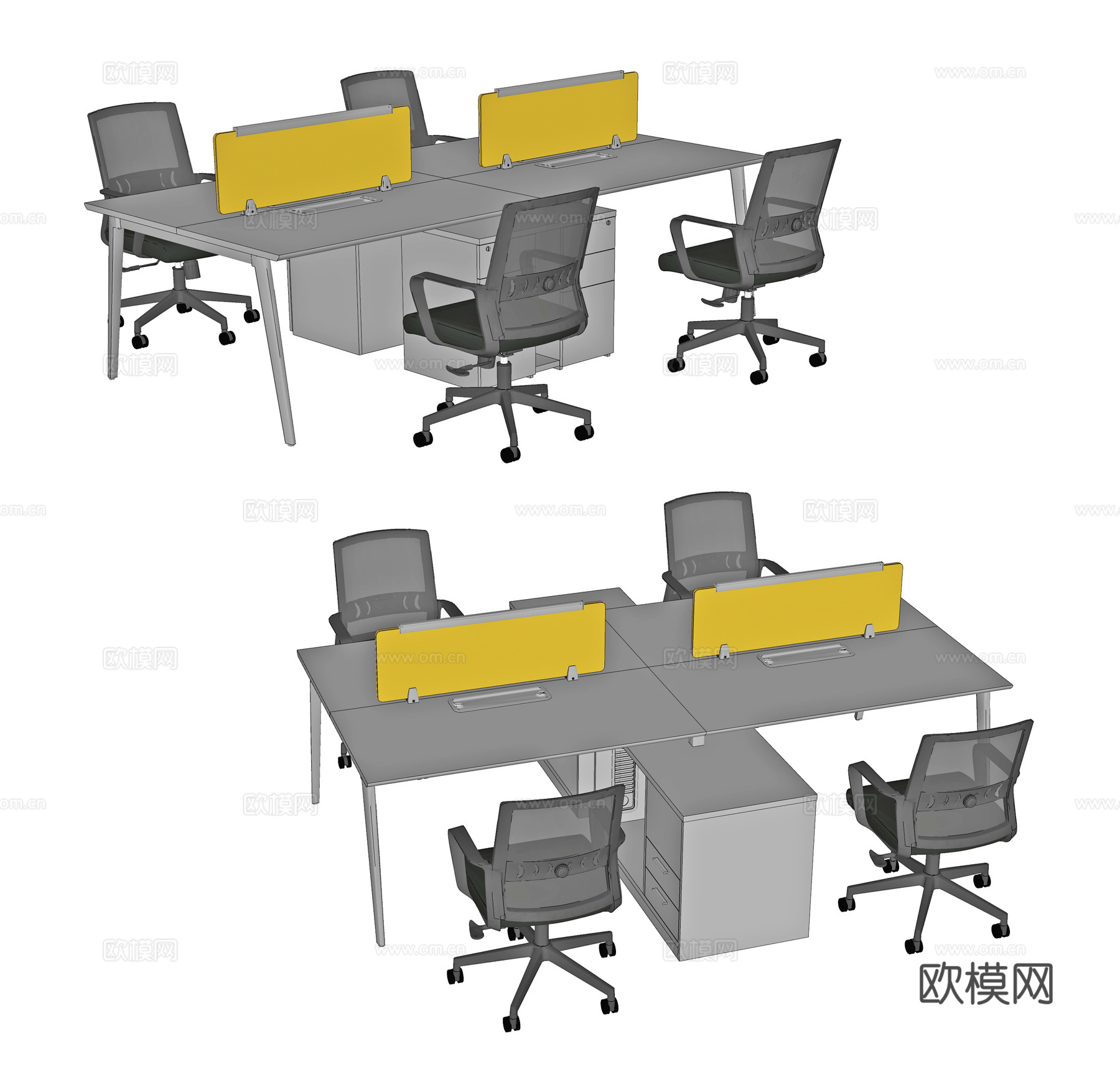 现代办公桌椅组合 办公桌 桌屏 桌上屏 职员桌 条桌 工位su模型