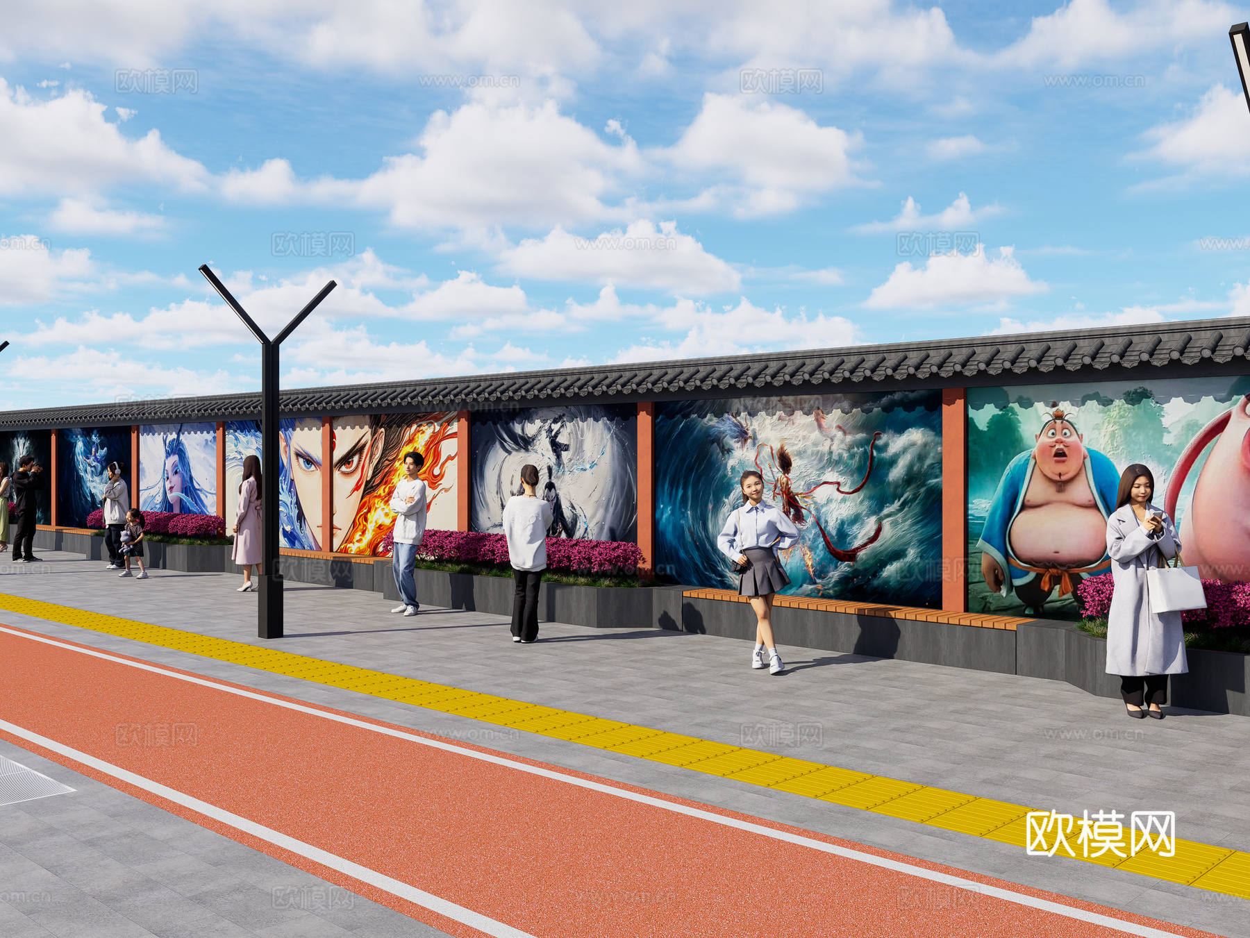 现代街道墙体彩绘 哪吒魔童闹海墙绘 网红打卡墙 墙绘墙画su模型