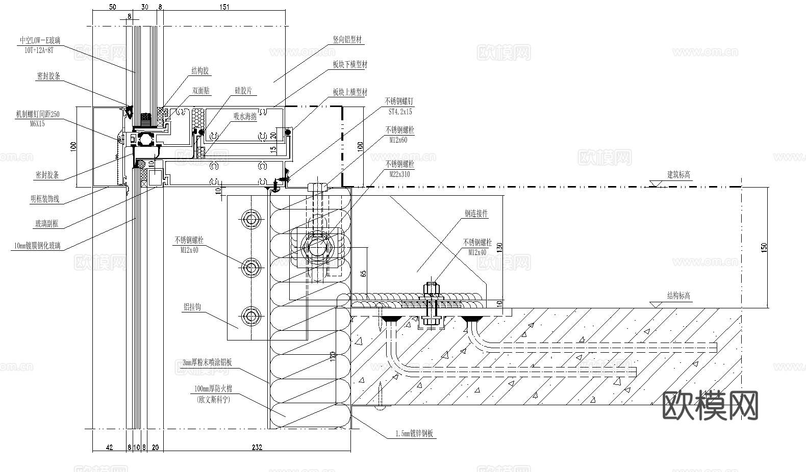 99套单元幕墙窗口节点详图cad施工图