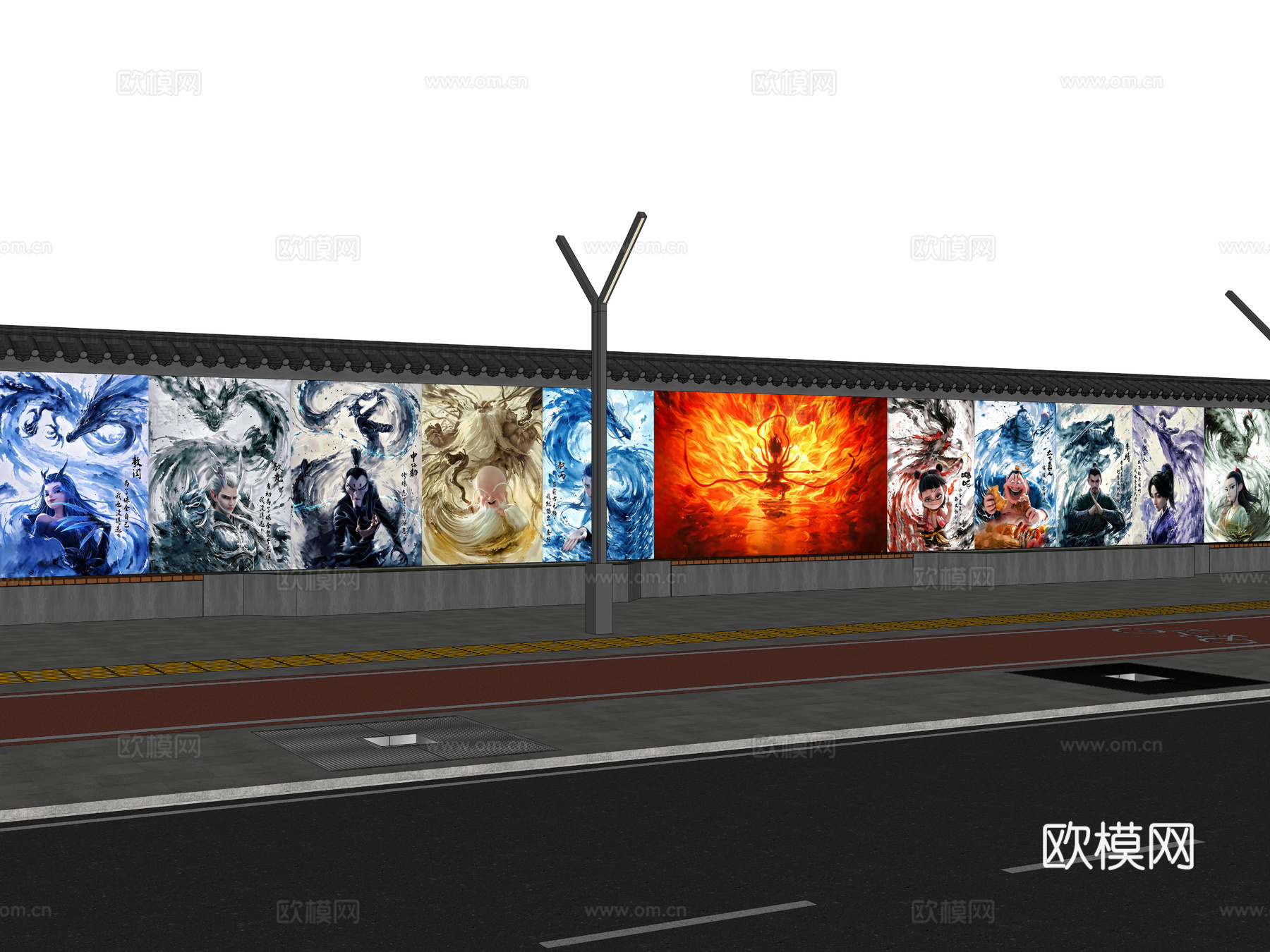 现代街道墙体彩绘 哪吒魔童闹海墙绘 网红打卡墙 墙绘墙画su模型