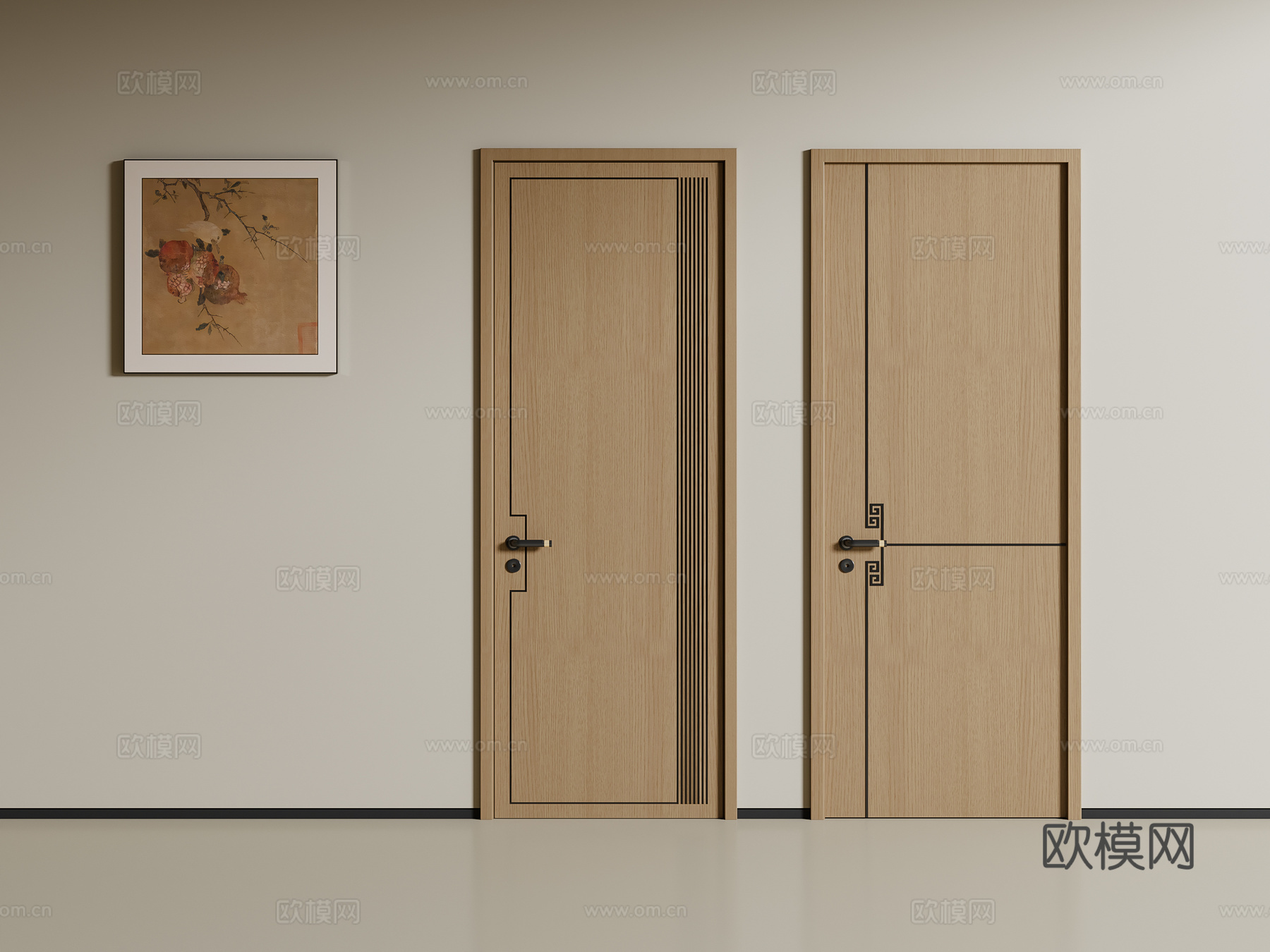 新中式单开门 卧室门 木门su模型