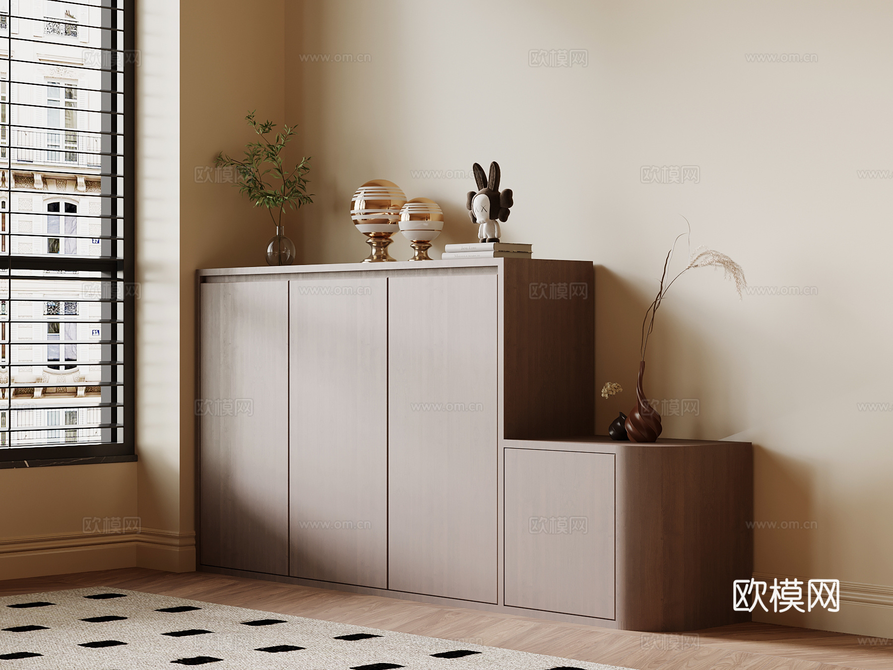 现代中古风玄关柜 入户鞋柜su模型