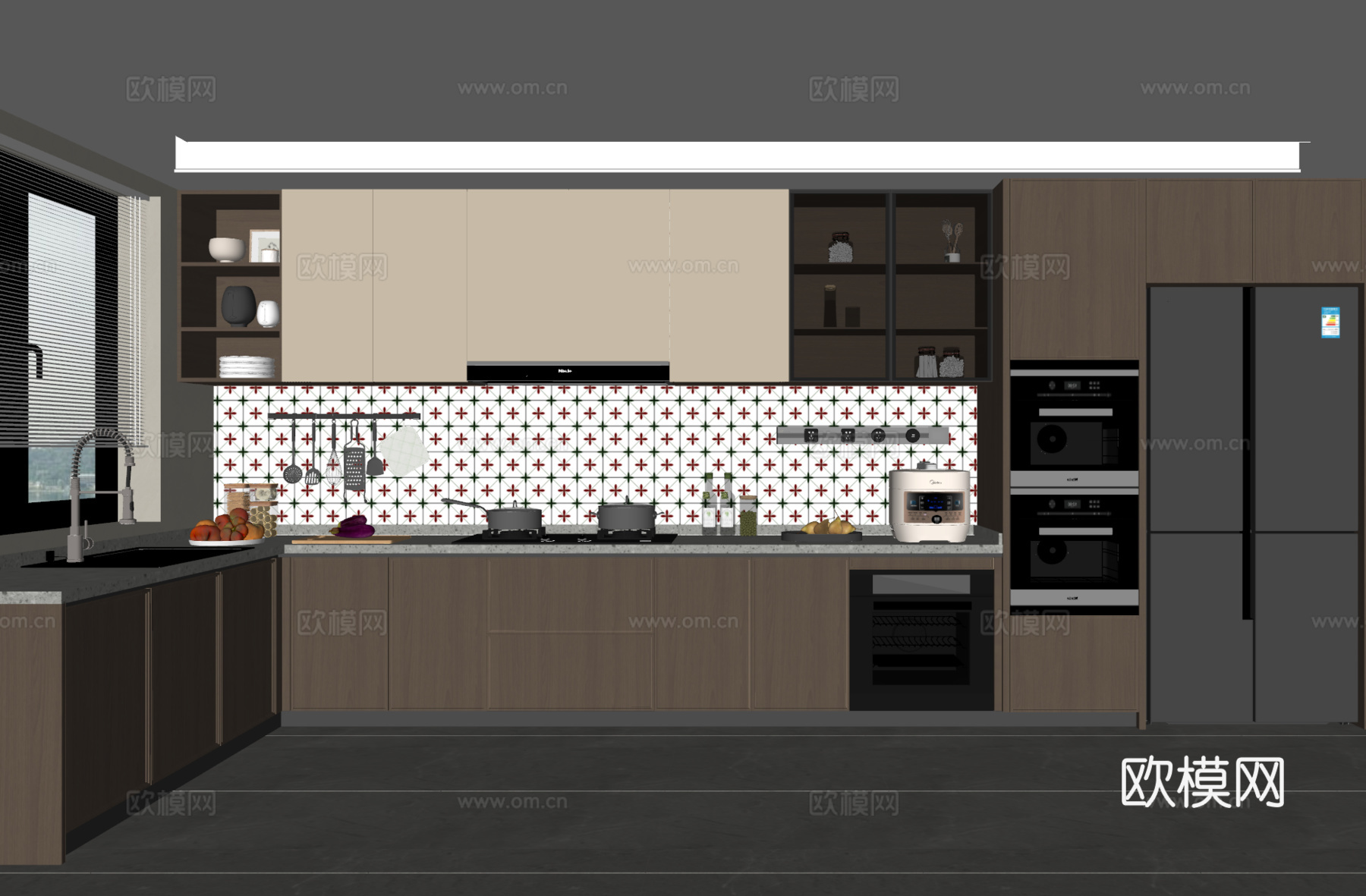 中古风厨房 橱柜组合 吊柜 水槽 冰箱 灶台 油烟机su模型