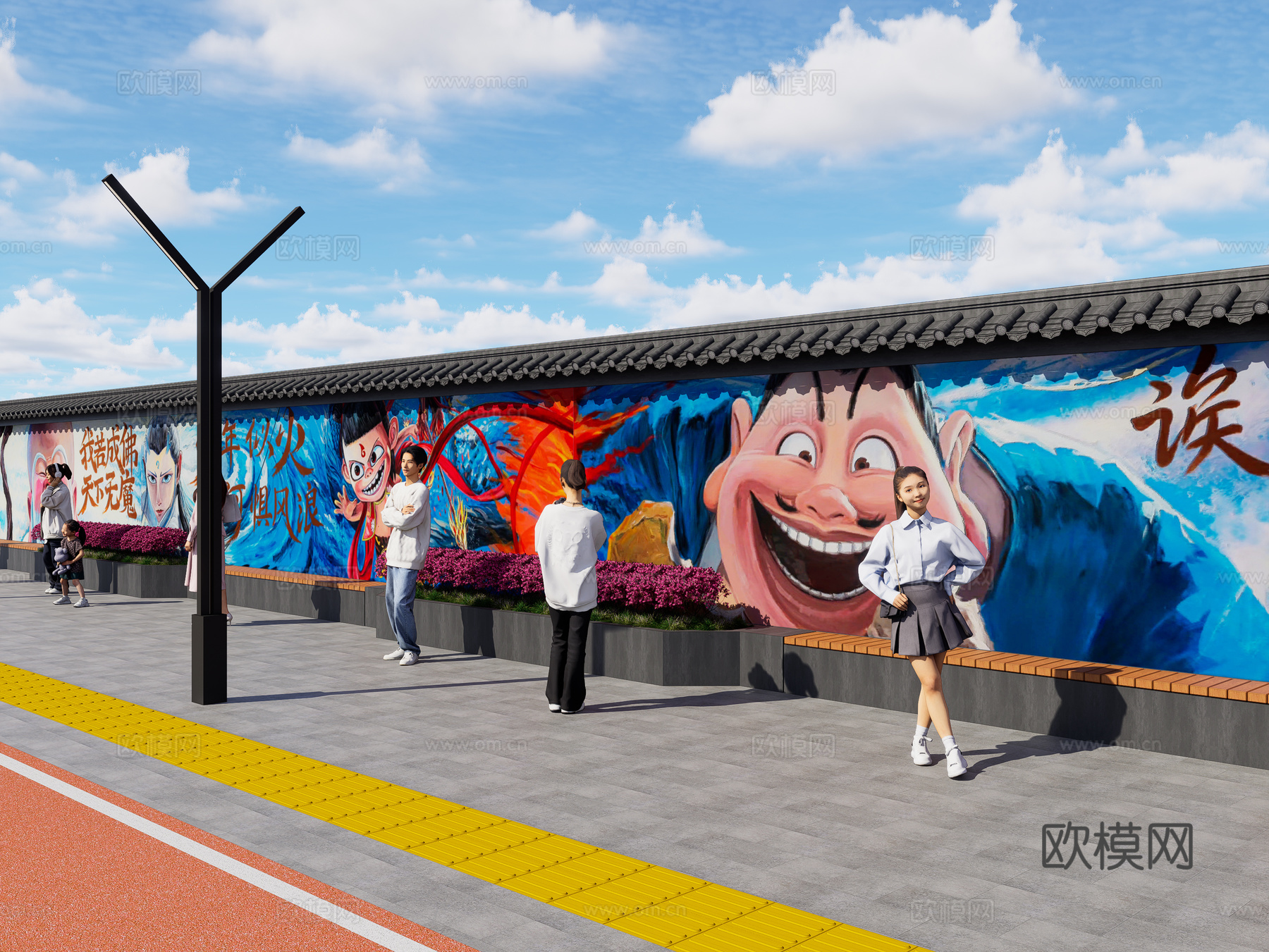 现代街道墙体彩绘 哪吒魔童闹海墙绘 网红打卡墙 墙绘墙画su模型