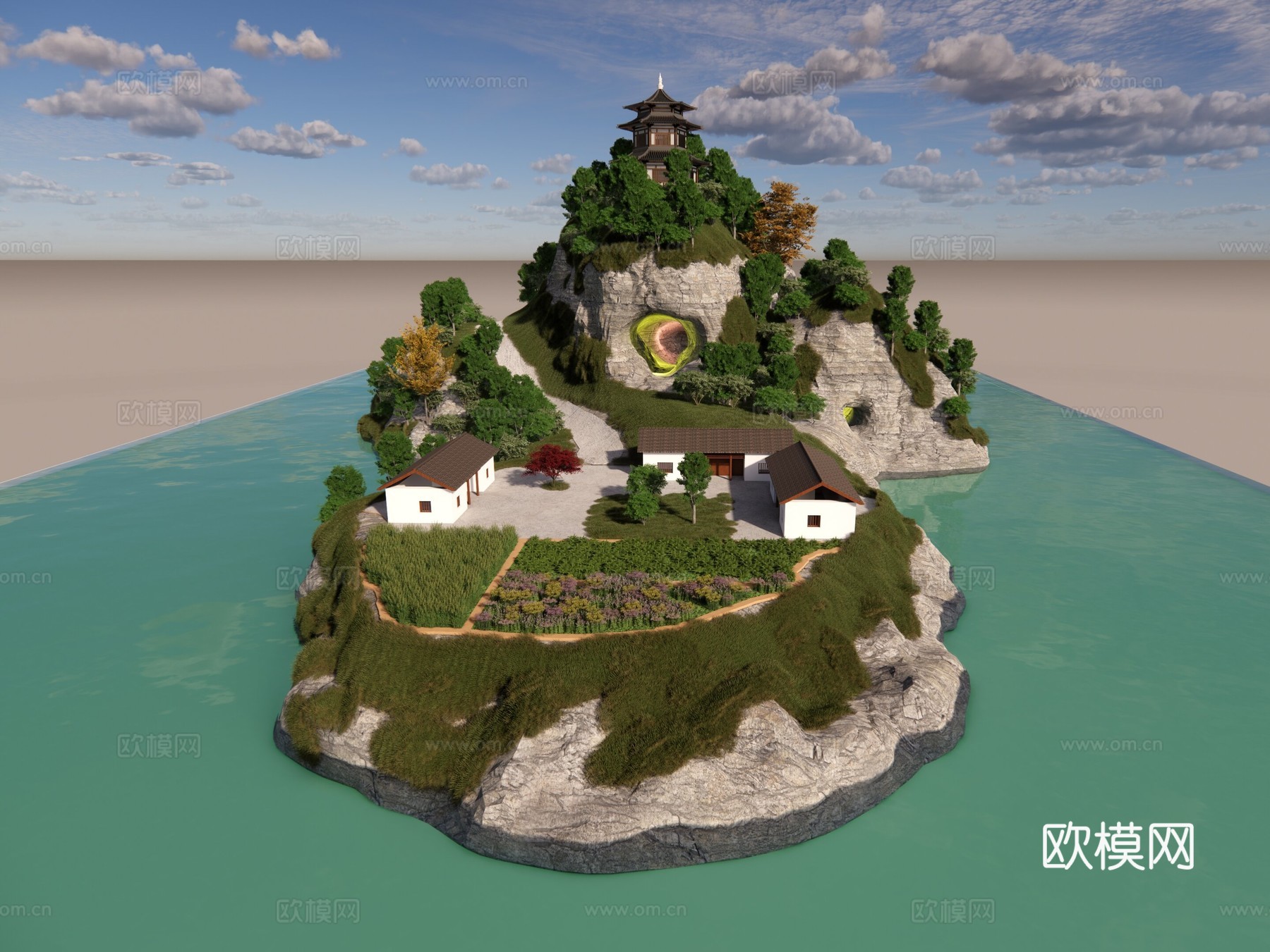 小岛 山洞 大山 海景 风景 小场景su模型