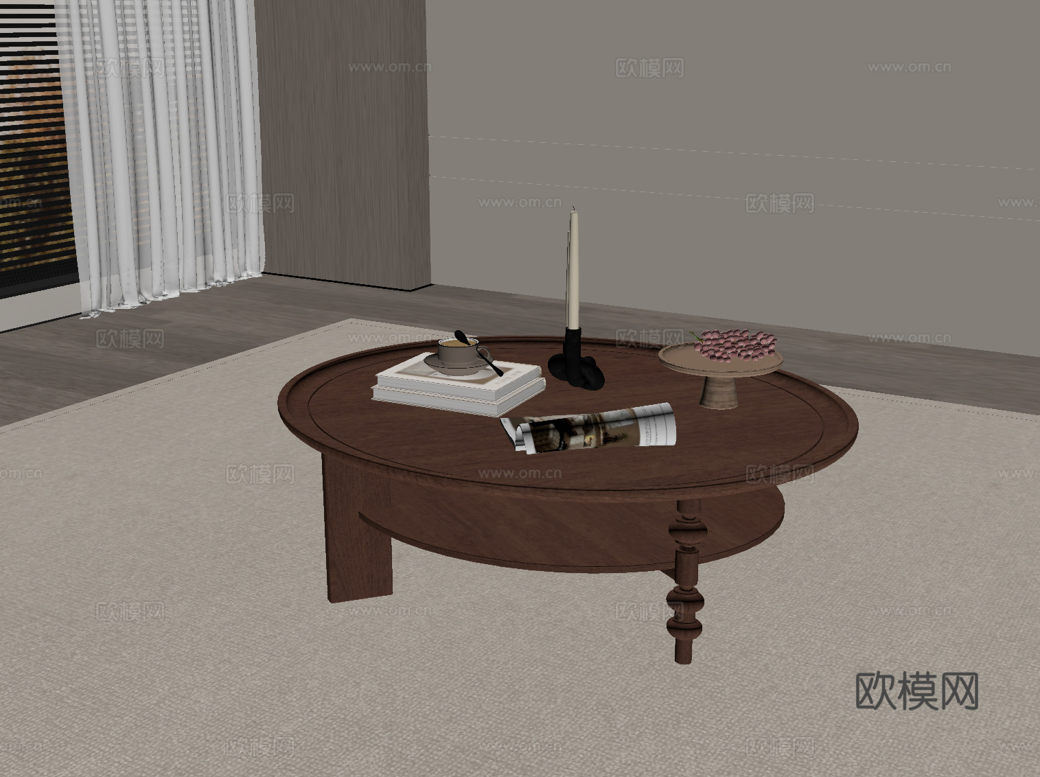 中古风茶几 圆形茶几 实木茶几su模型