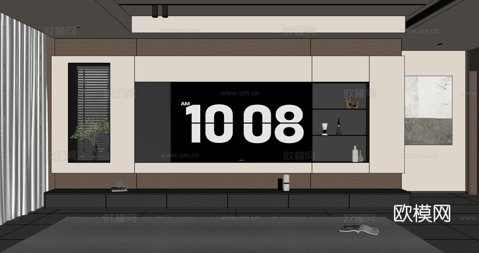 现代客厅电视背景墙 电视背景墙柜  窗户电视背景墙su模型