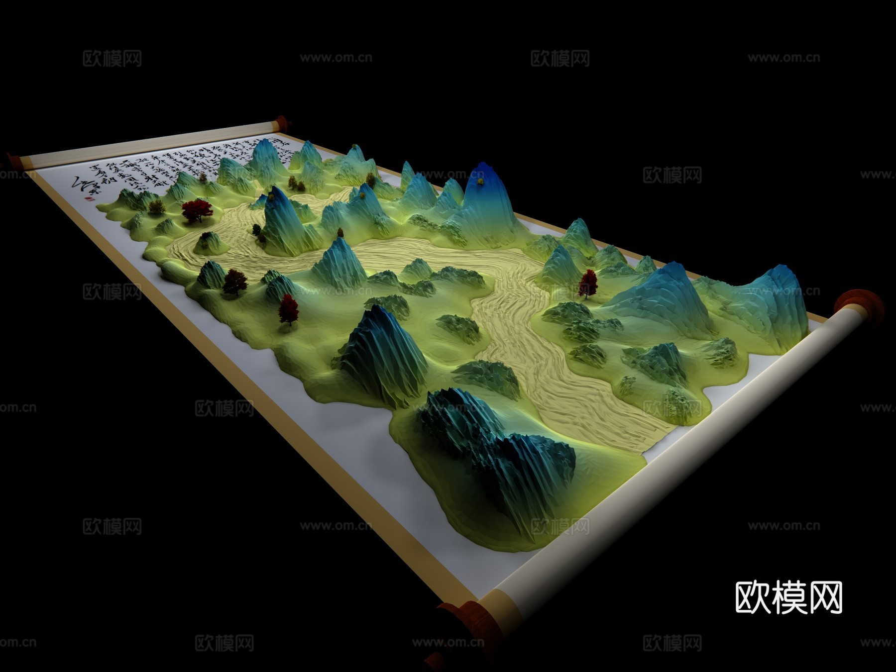卷轴 山河 小风景 摆件 装饰 小场景su模型