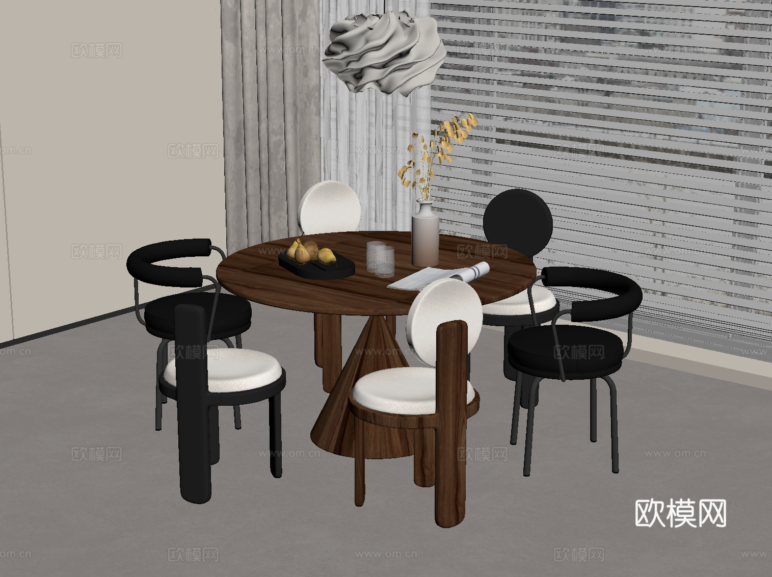 中古风餐桌椅 圆形餐桌椅su模型