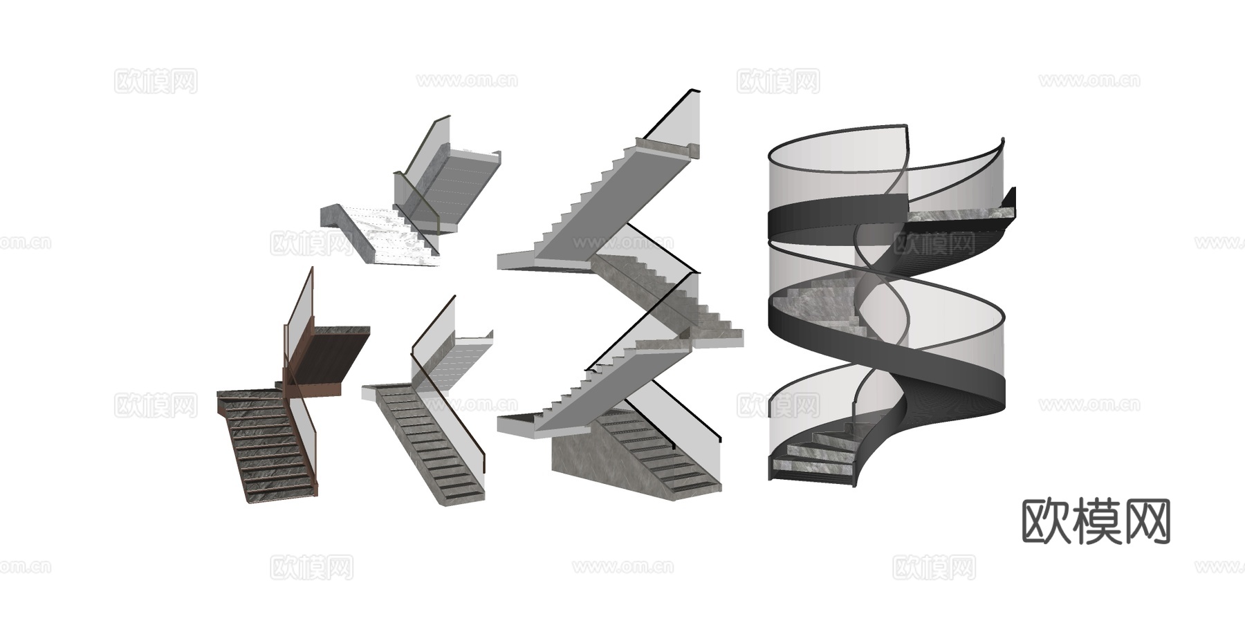 现代玻璃栏杆楼梯 旋转楼梯 悬浮式楼梯 超白玻栏杆su模型