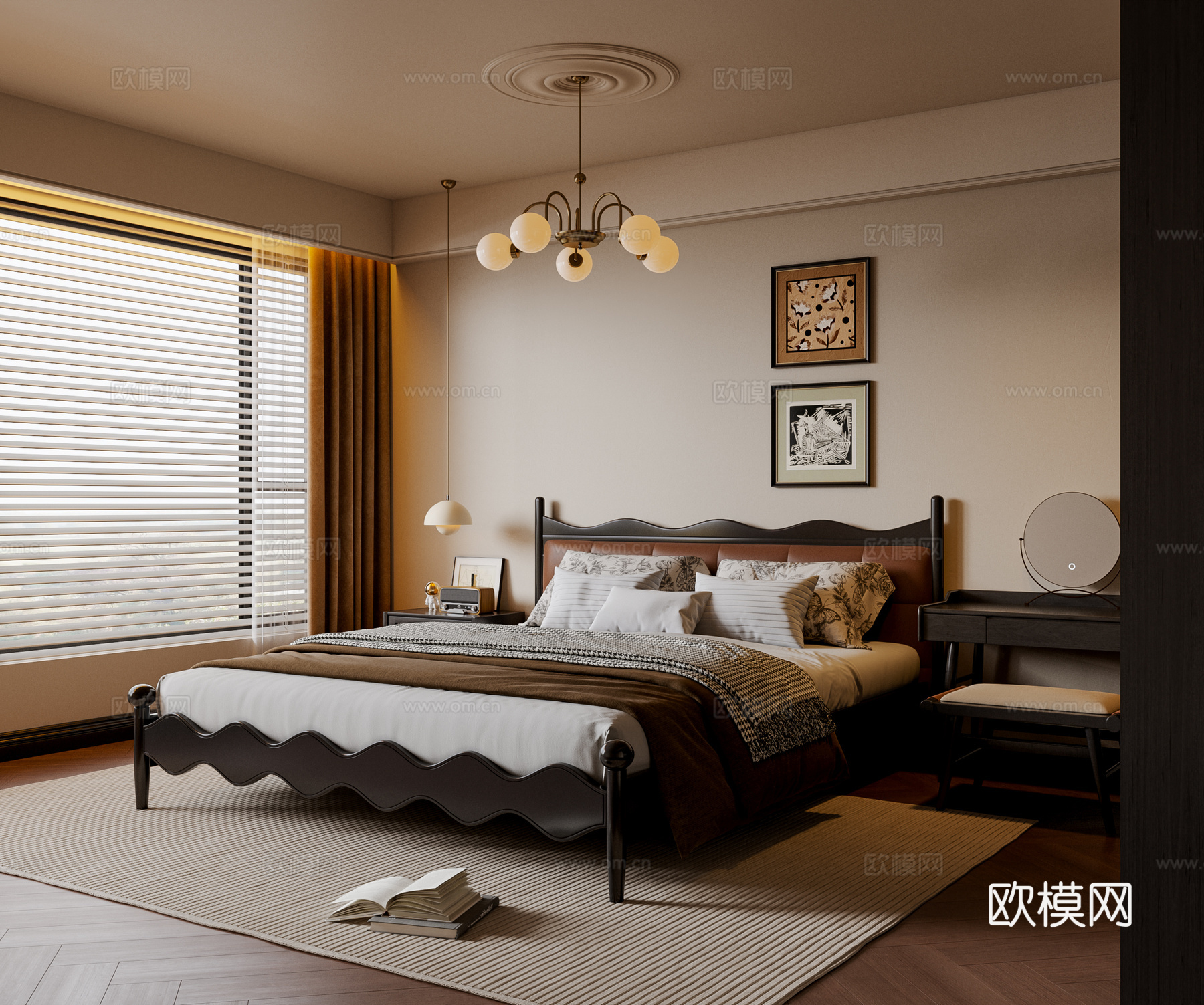 法式卧室 实木双人床 床头柜 吊灯 挂画 梳妆台 地毯3d模型下载