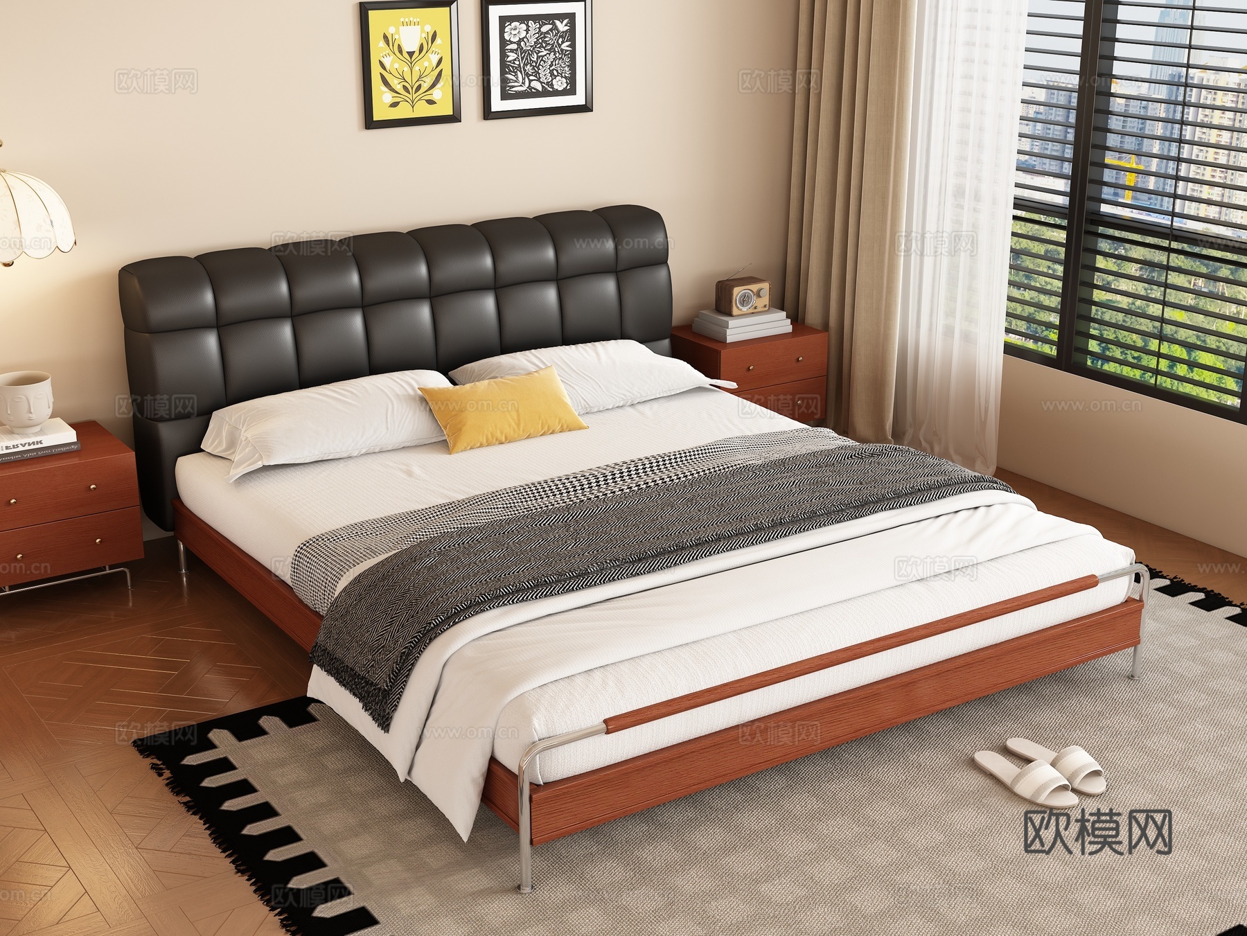 现代中古风双人床3d模型下载