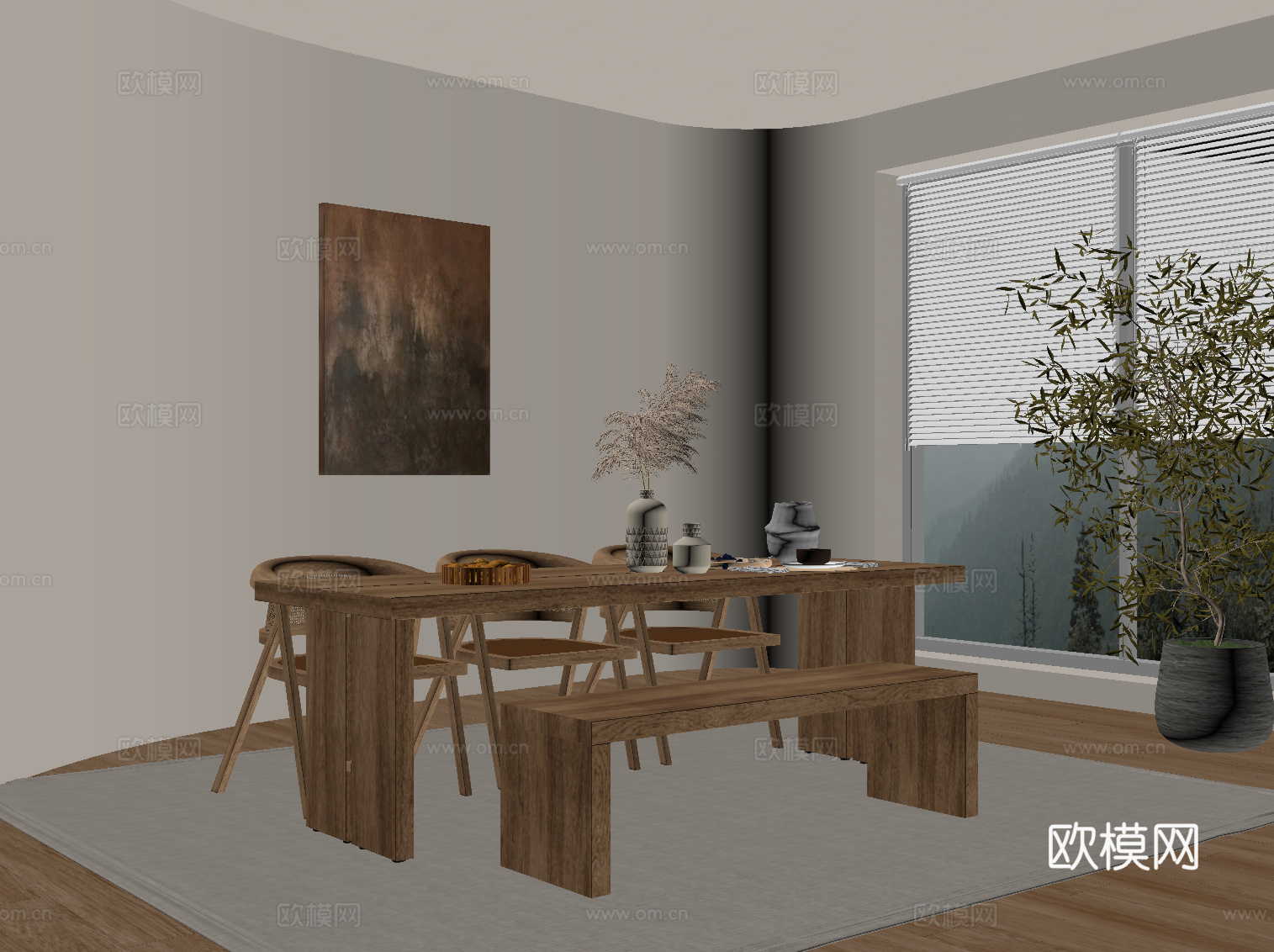 侘寂风餐桌椅 实木餐桌su模型