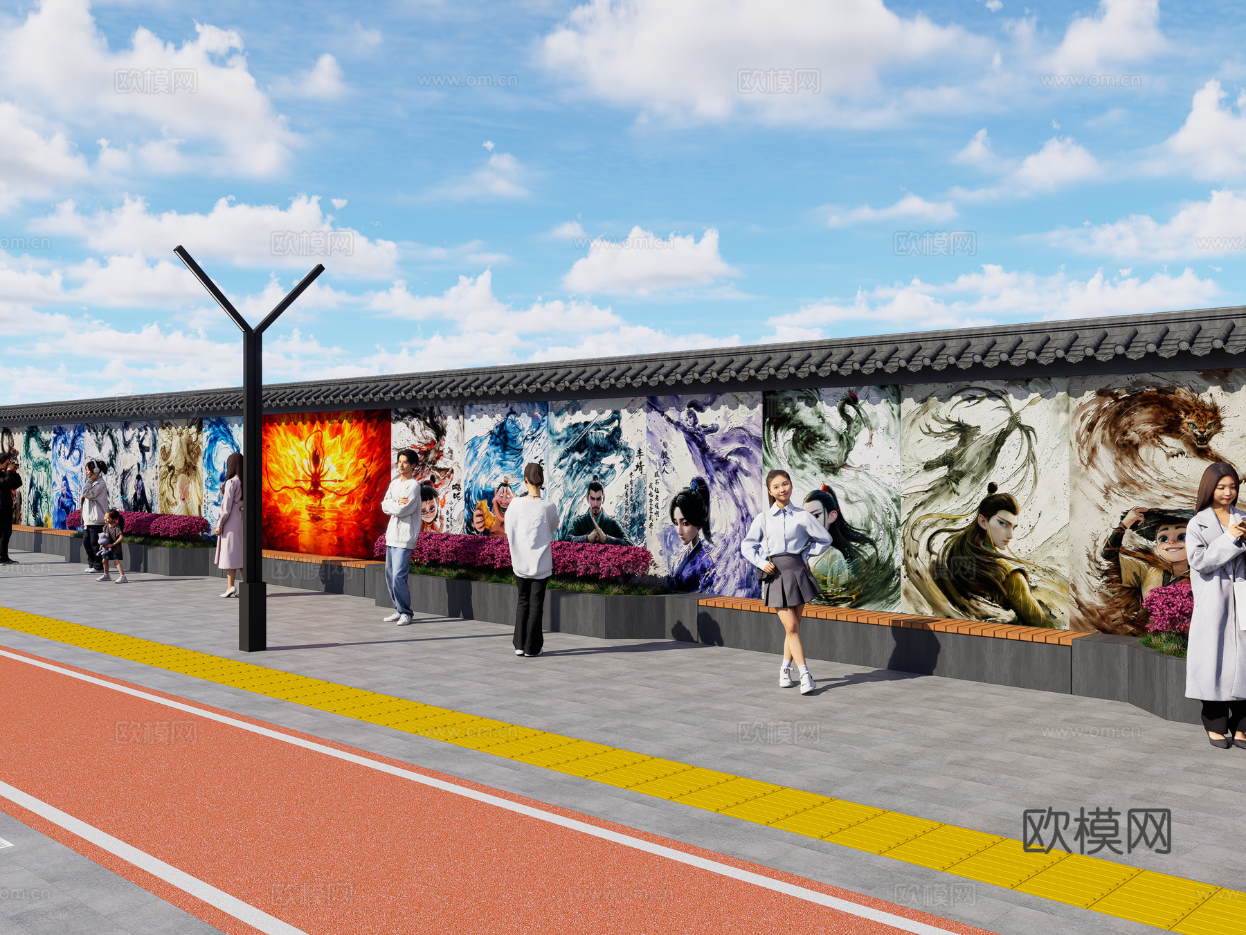 现代街道墙体彩绘 哪吒魔童闹海墙绘 网红打卡墙 墙绘墙画3d模型下载（渲染图2）