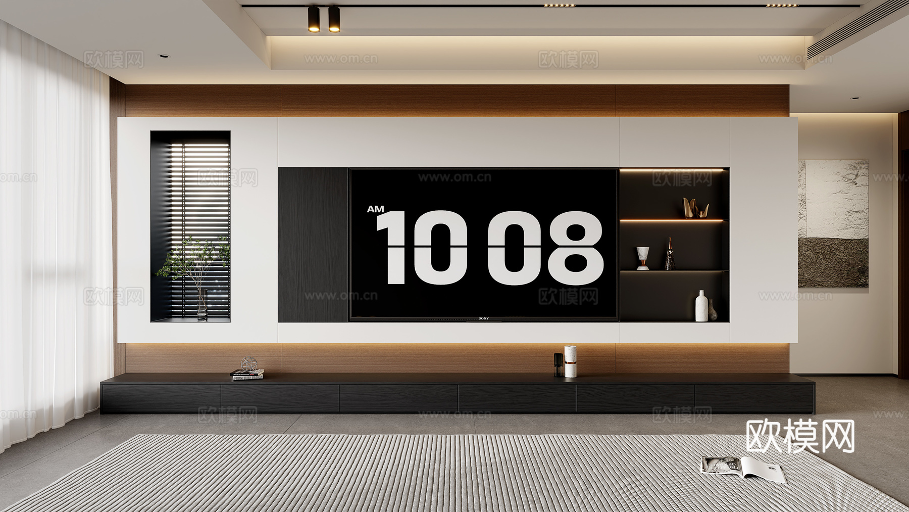 现代客厅电视背景墙 电视背景墙柜  窗户电视背景墙su模型