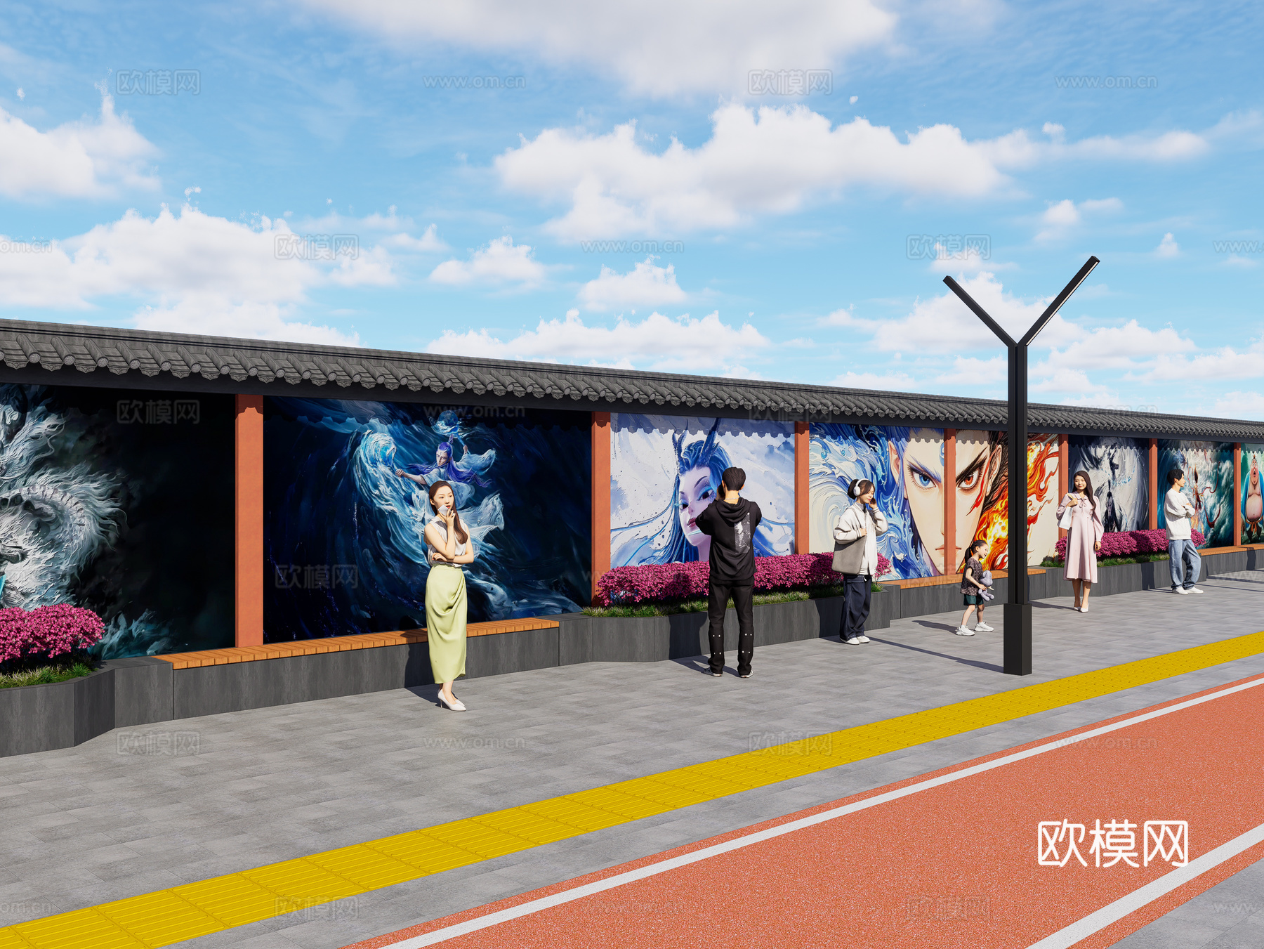 现代街道墙体彩绘 哪吒魔童闹海墙绘 网红打卡墙 墙绘墙画su模型