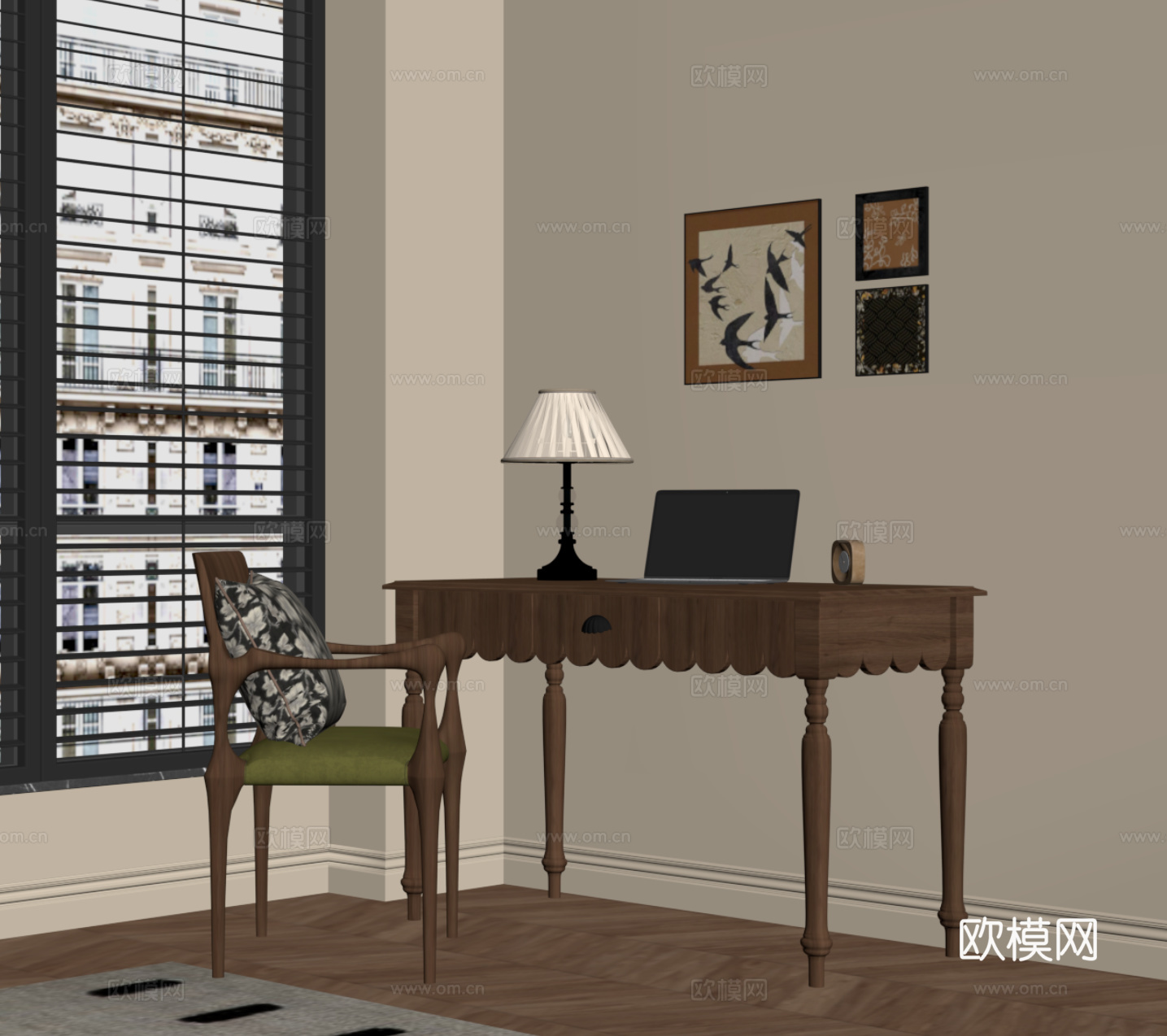 法式复古风书桌椅 学习桌椅su模型