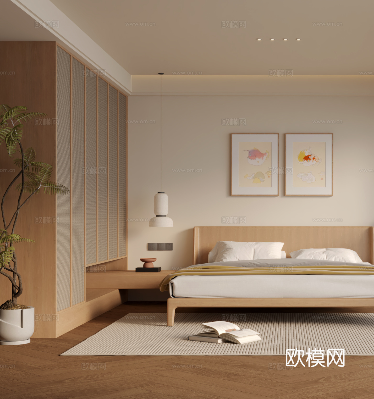 日式原木风卧室3d模型下载（渲染图2）