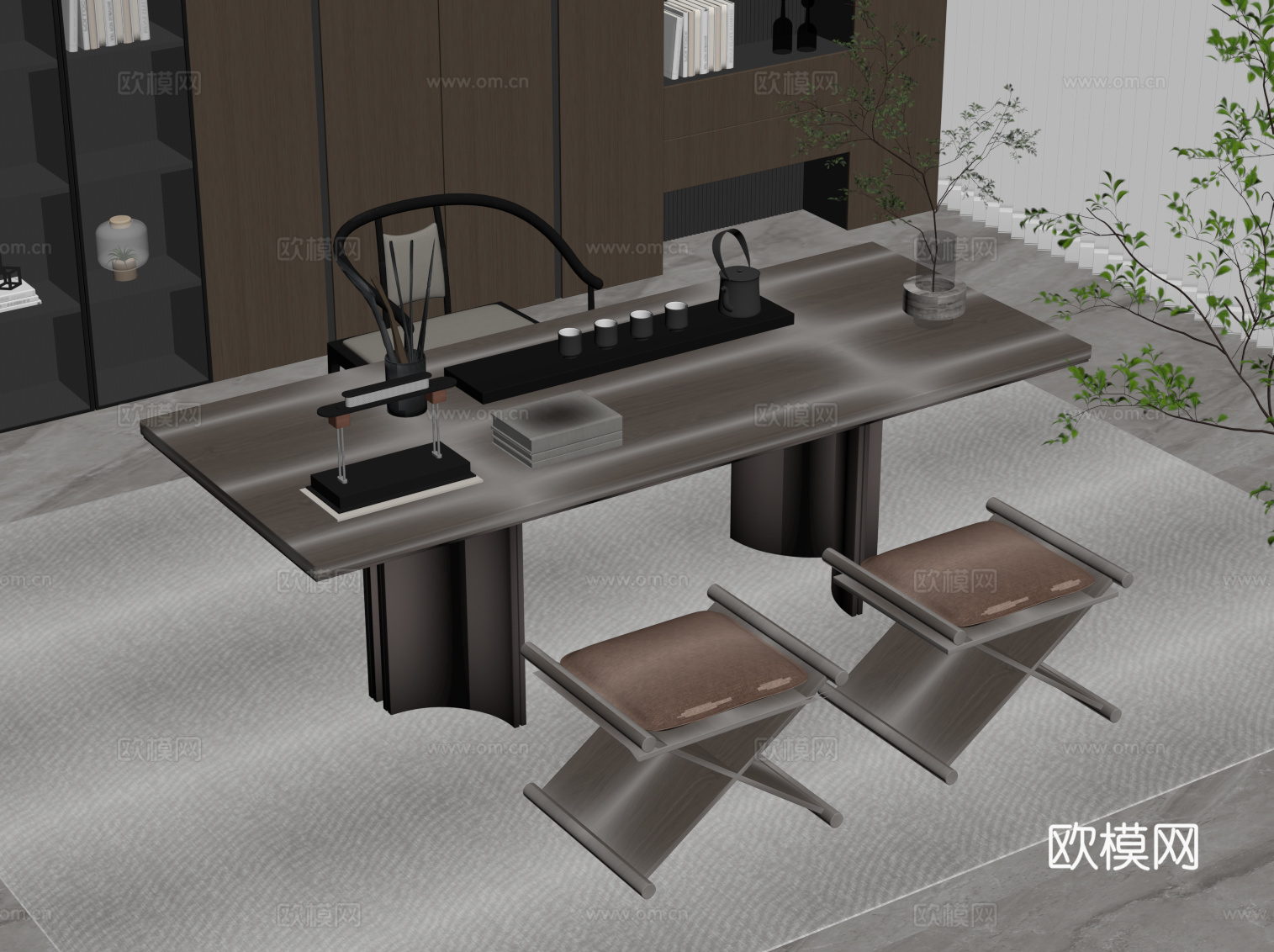 现代茶桌椅 茶台 茶具su模型