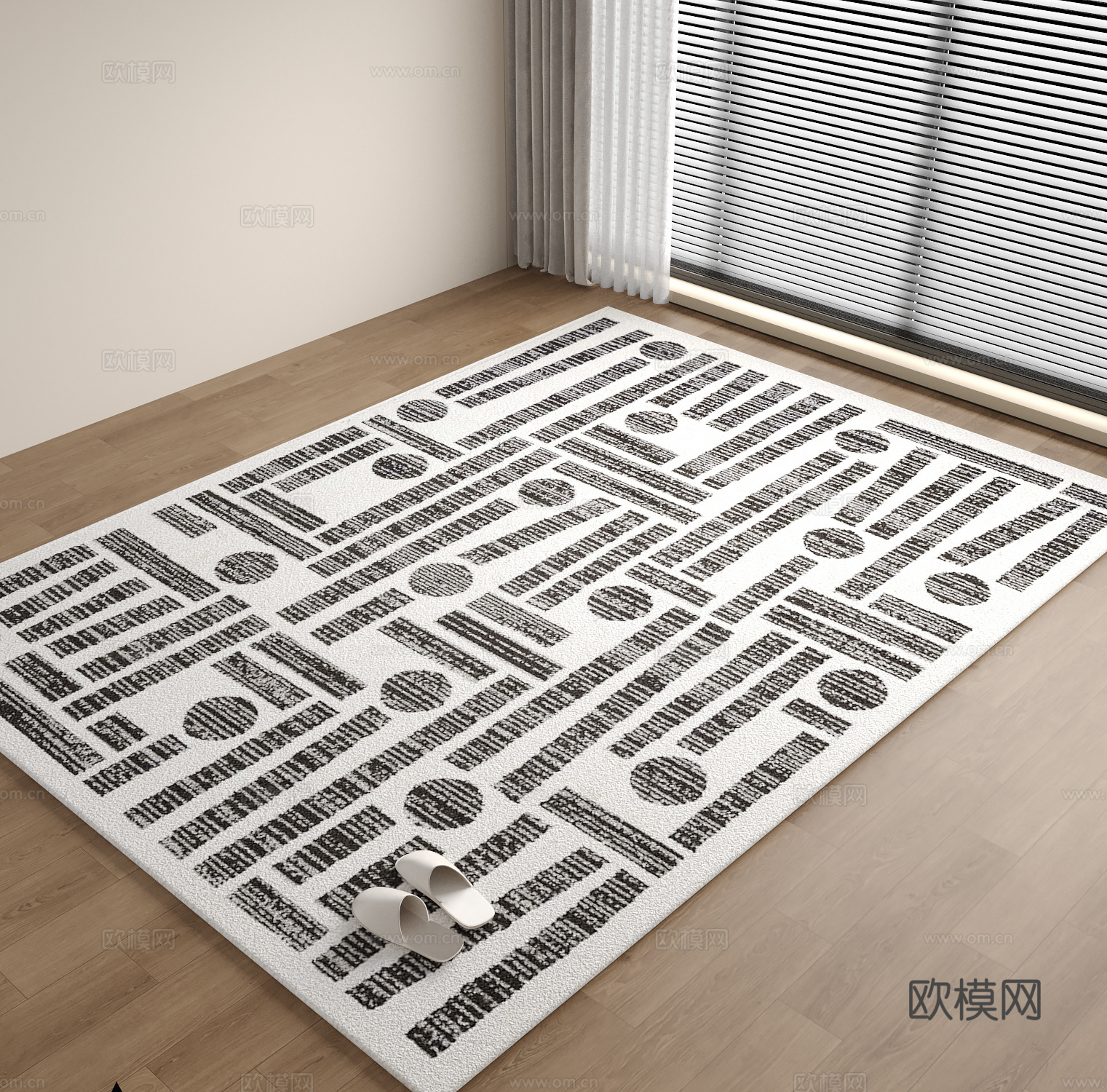 现代中古风黑白地毯黑白条纹方地毯su模型