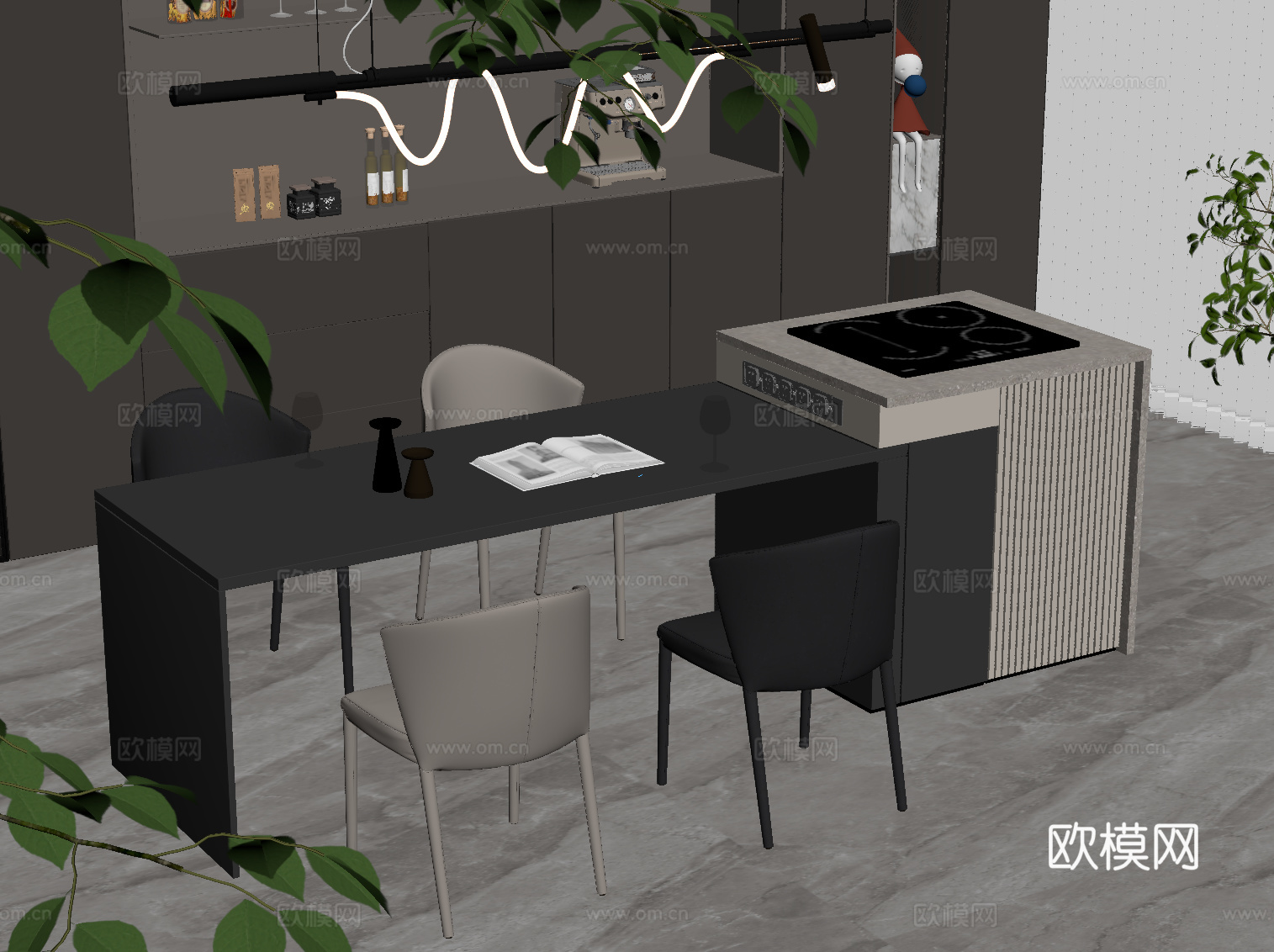 现代意式岛台 餐桌椅su模型