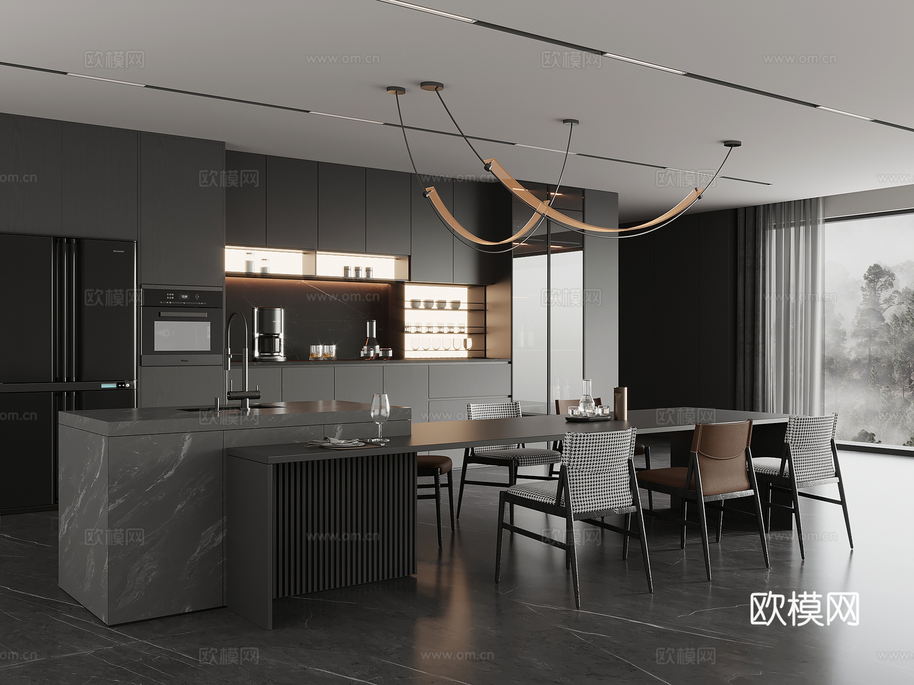 现代意式岛台 餐桌椅su模型
