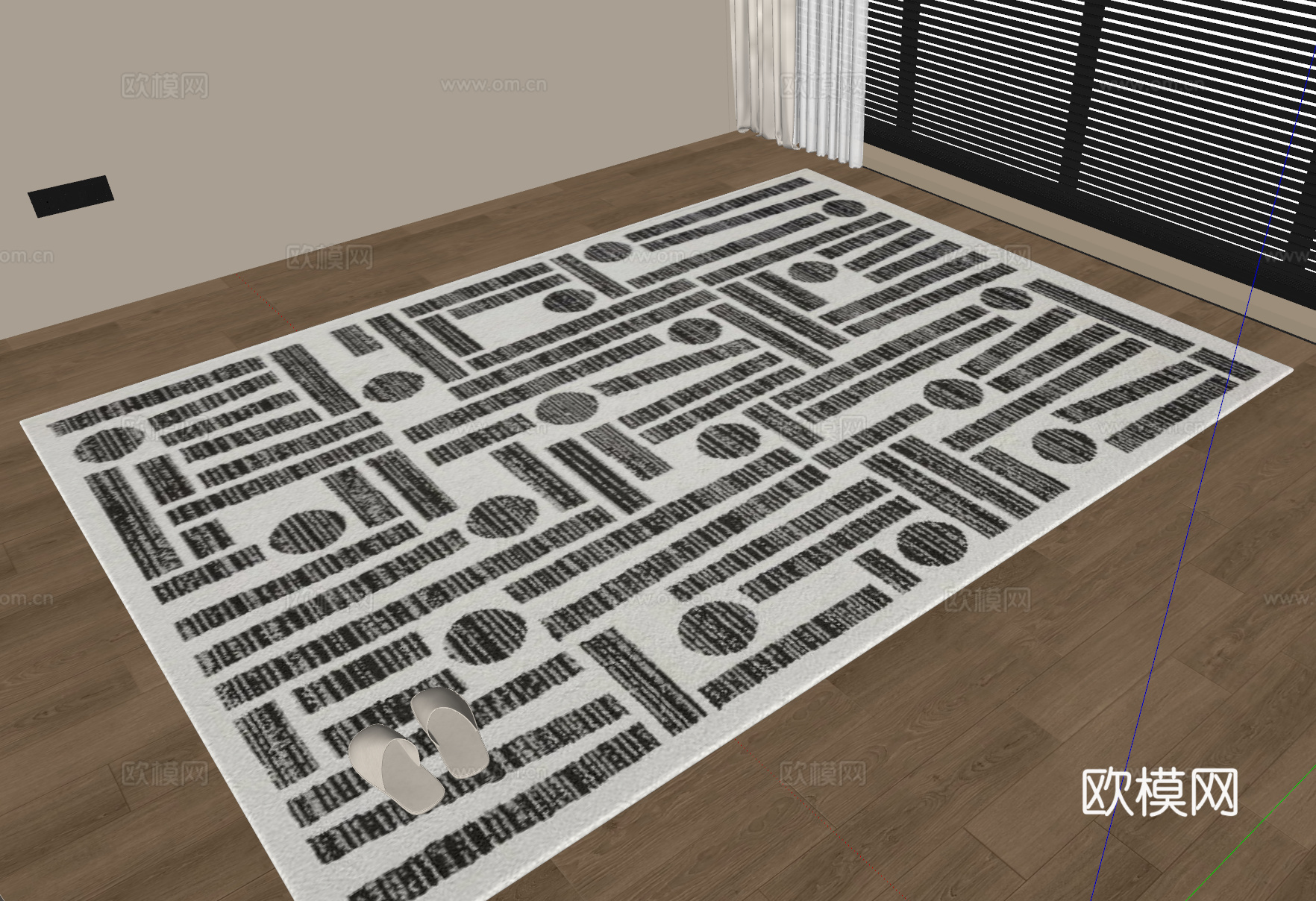 现代中古风黑白地毯黑白条纹方地毯su模型