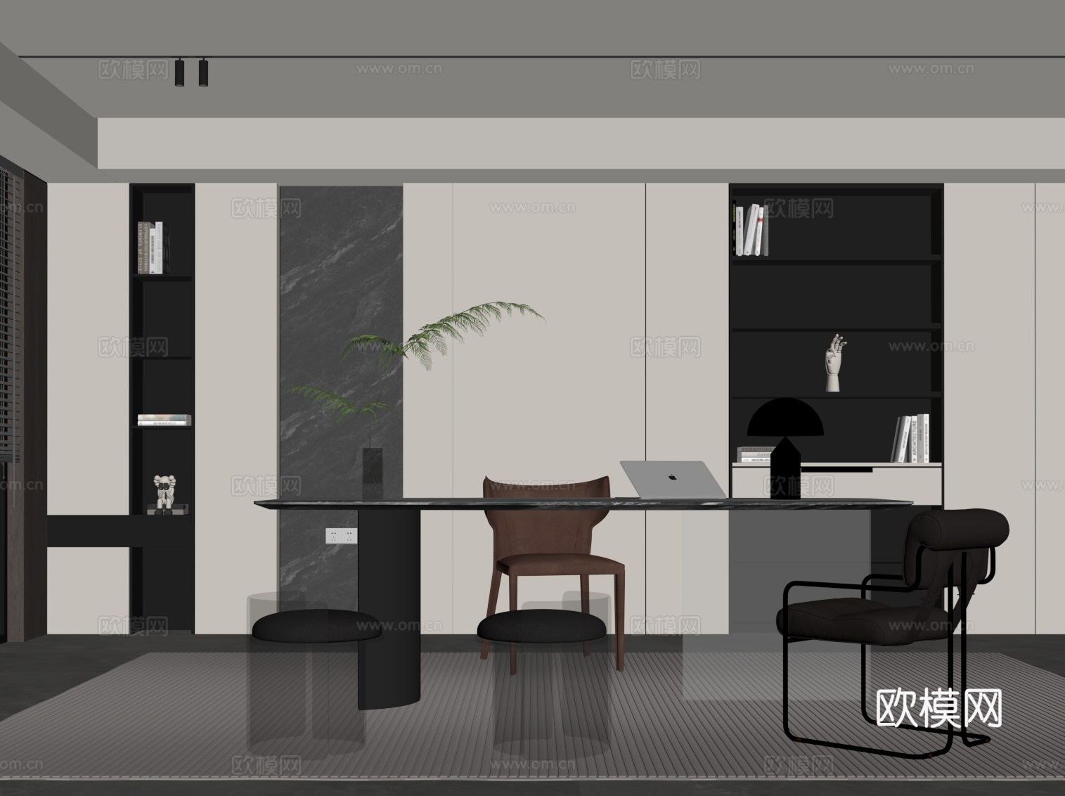 现代意式书房 书柜 书桌椅su模型