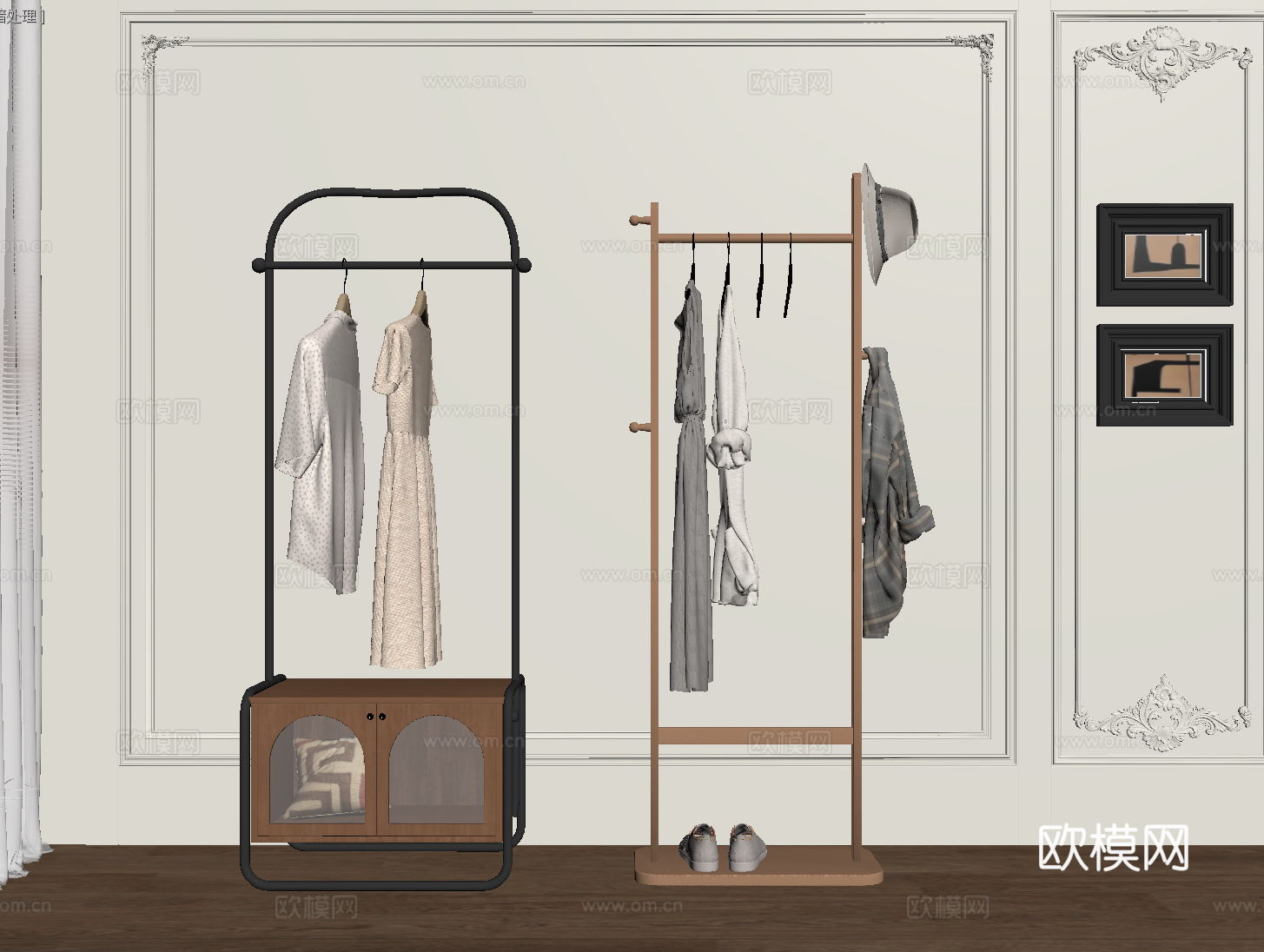 法式复古衣架 落地衣架 衣帽架 挂衣架su模型
