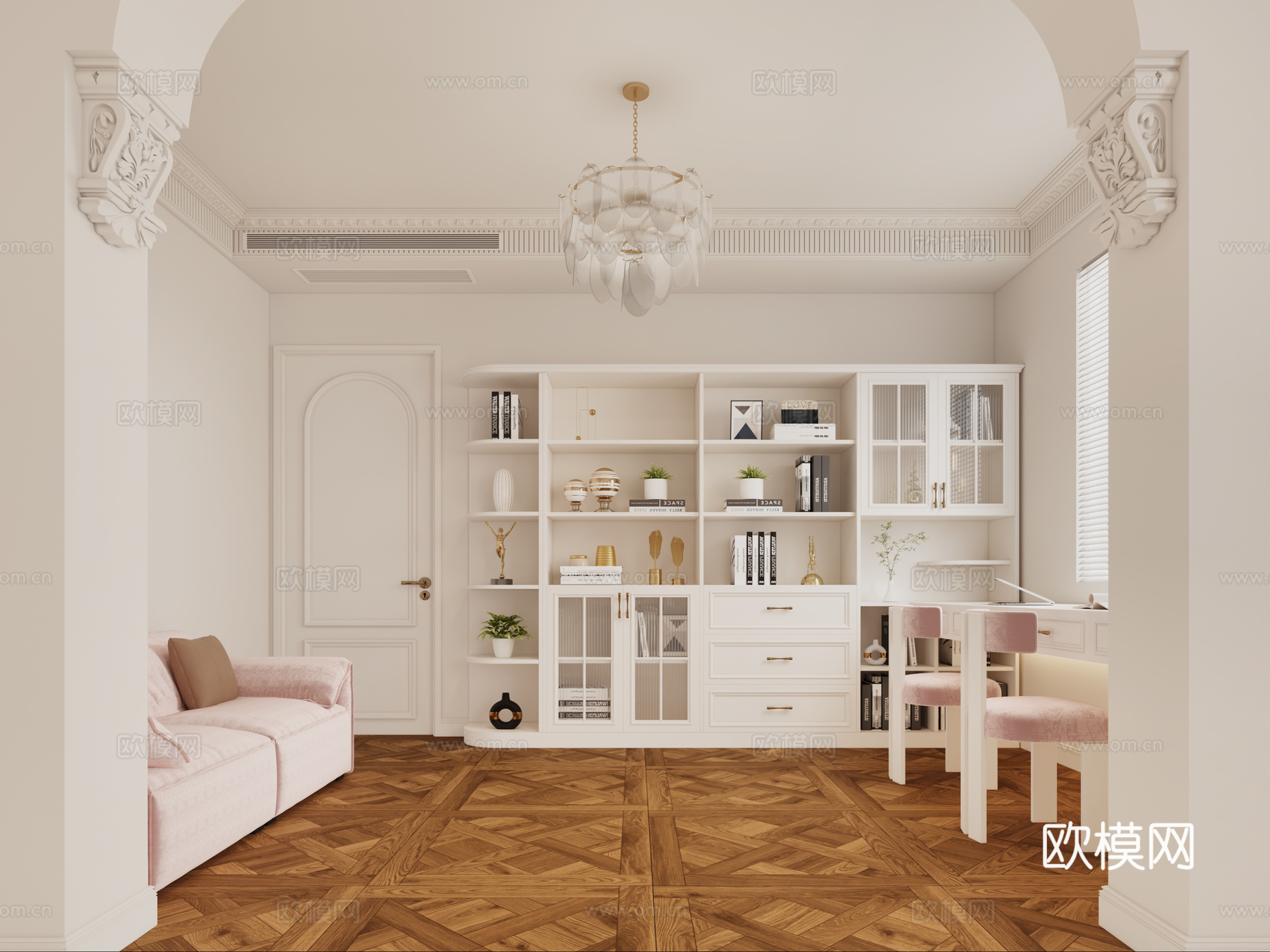欧式书房 儿童房书房 法式书房 女儿房书房 法式书柜3d模型下载
