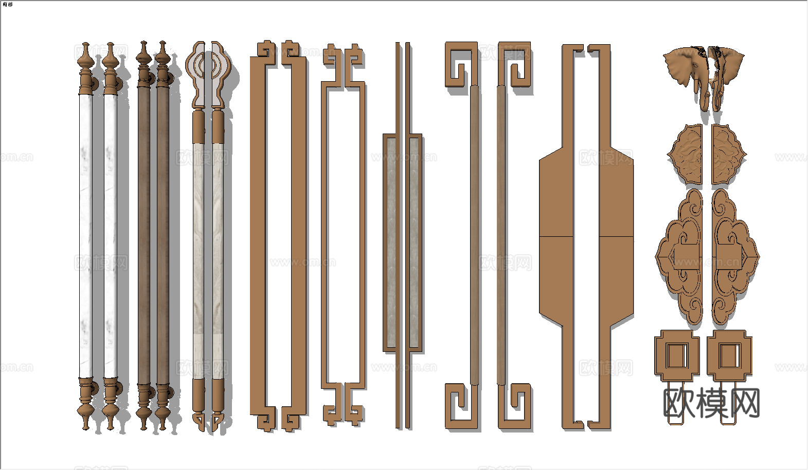 新中式金属大门把手 拉手su模型