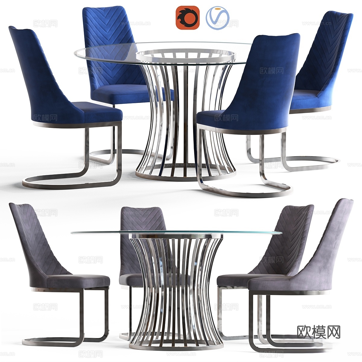 钻石沙发卡普里圆桌与时尚餐桌3d模型下载