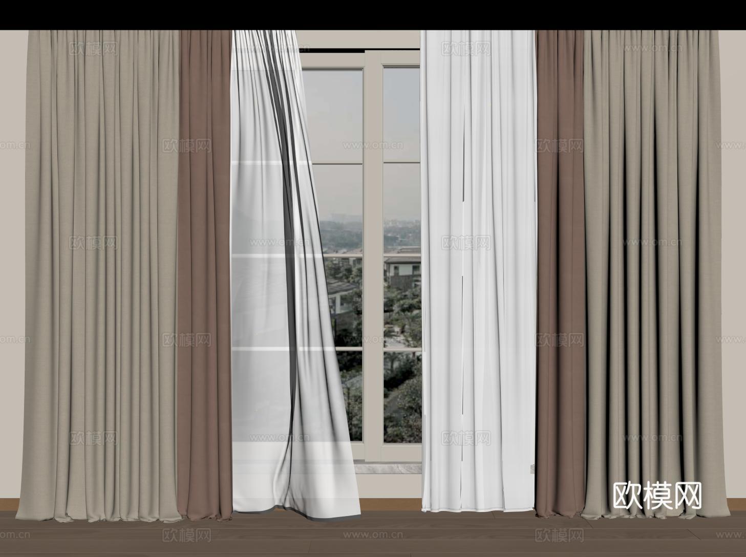现代奶油风布艺窗帘 遮阳帘 纱帘 落地窗帘su模型su模型