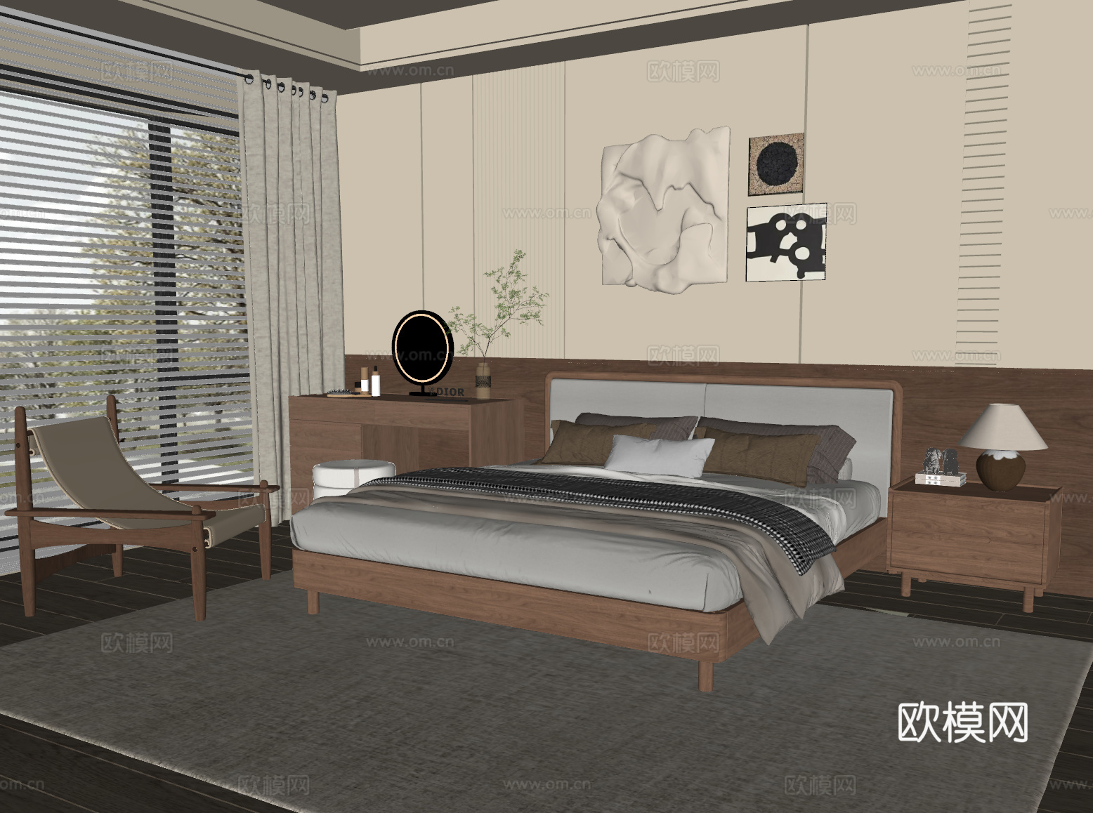 现代中古风家居卧室su模型