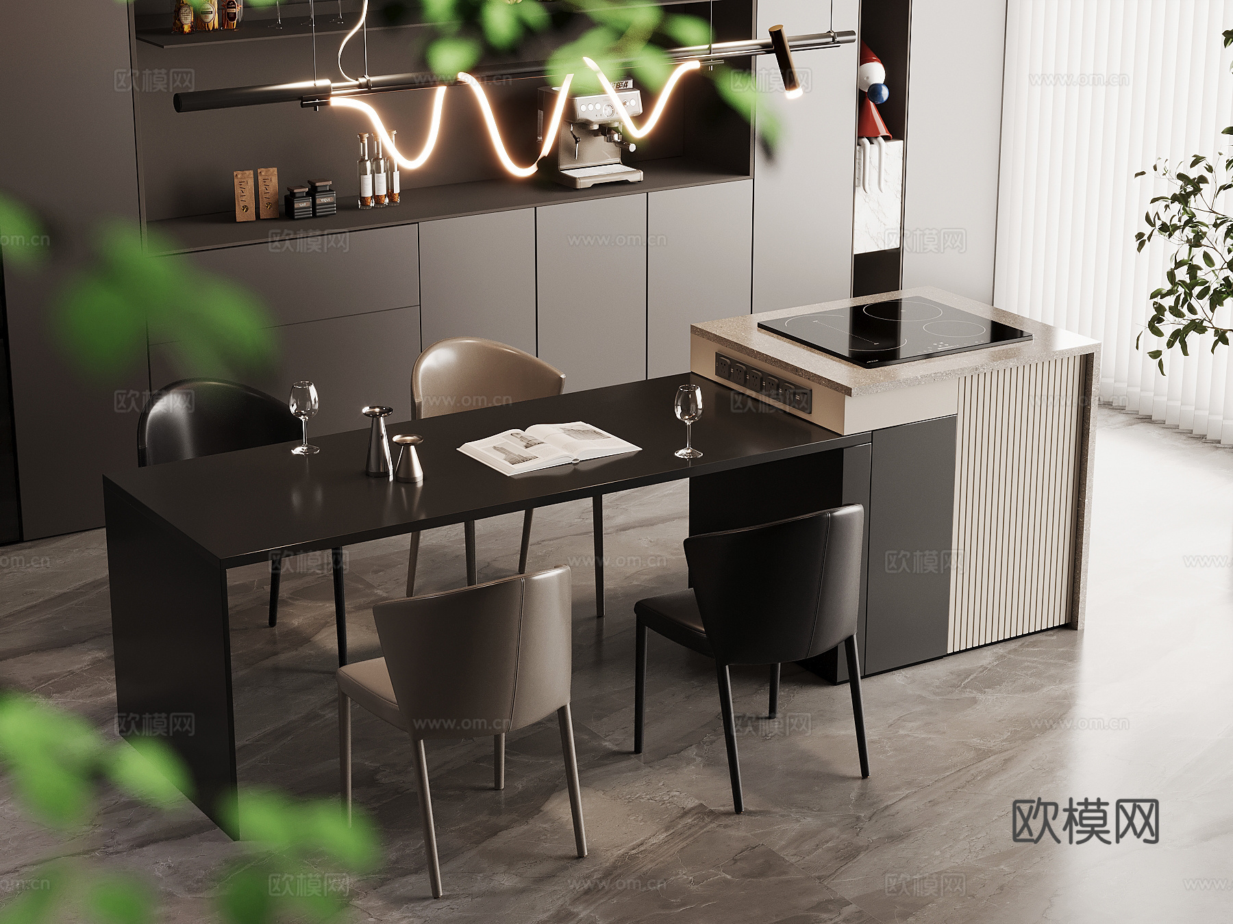 现代意式岛台 餐桌椅3d模型下载