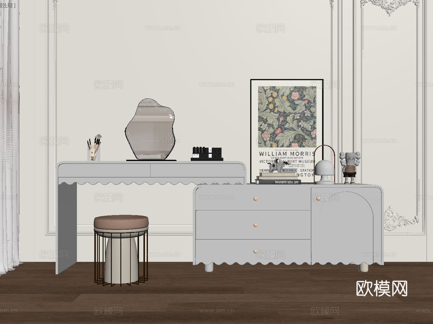 法式奶油风梳妆台 梳妆台斗柜一体 转角化妆台su模型