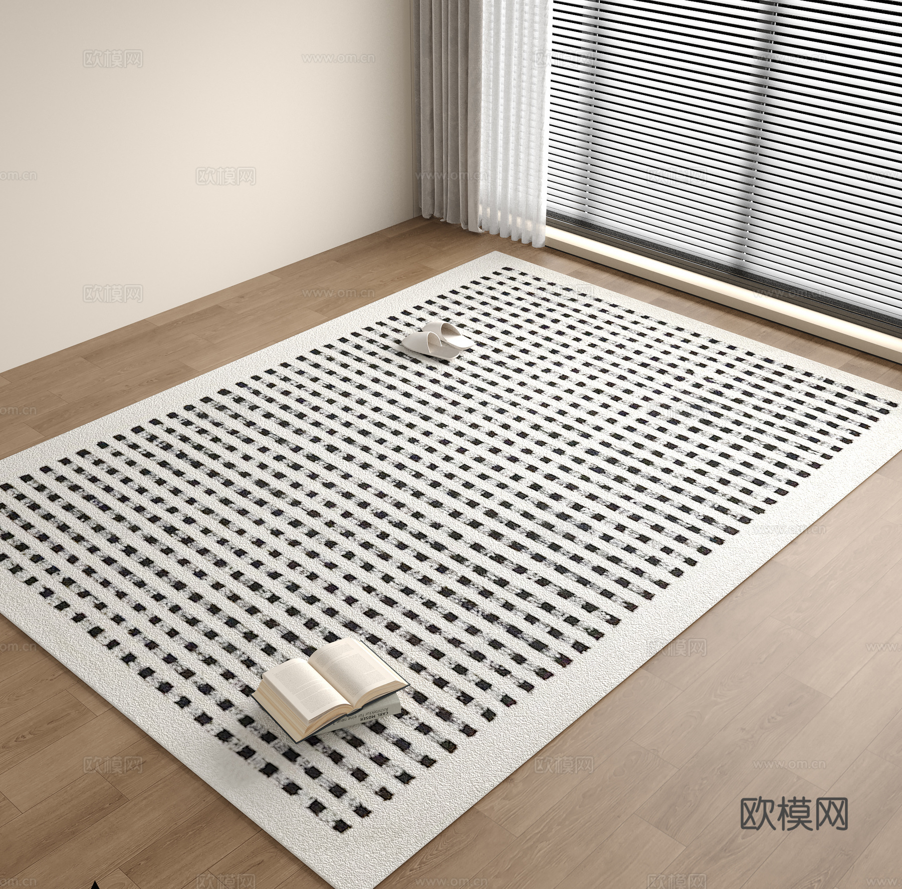 现代中古风地毯 中古格子地毯 黑白格子方地毯su模型su模型
