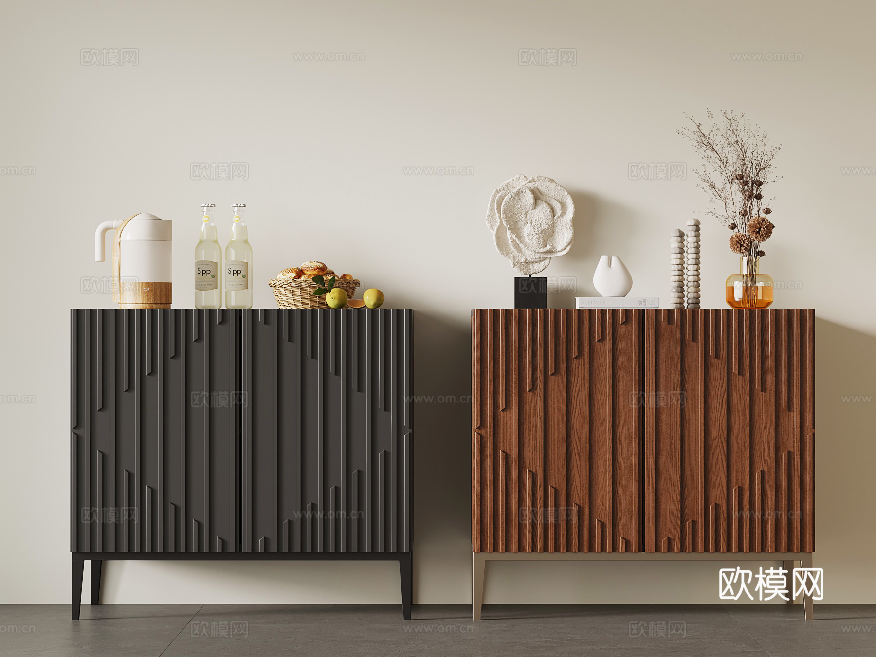 现代中古玄关柜 备餐柜 复古玄关柜su模型