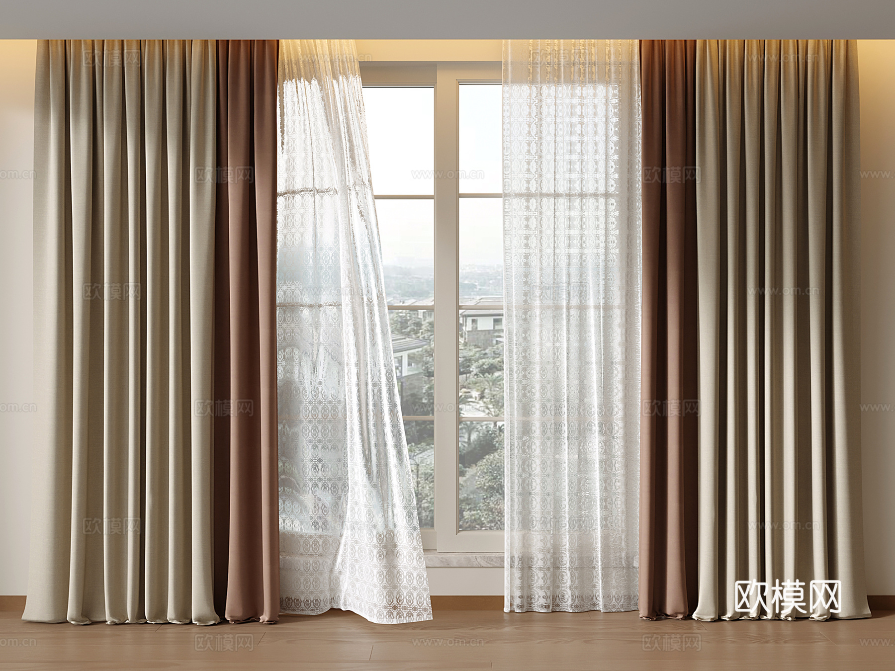 现代奶油风布艺窗帘 遮阳帘 纱帘 落地窗帘su模型su模型