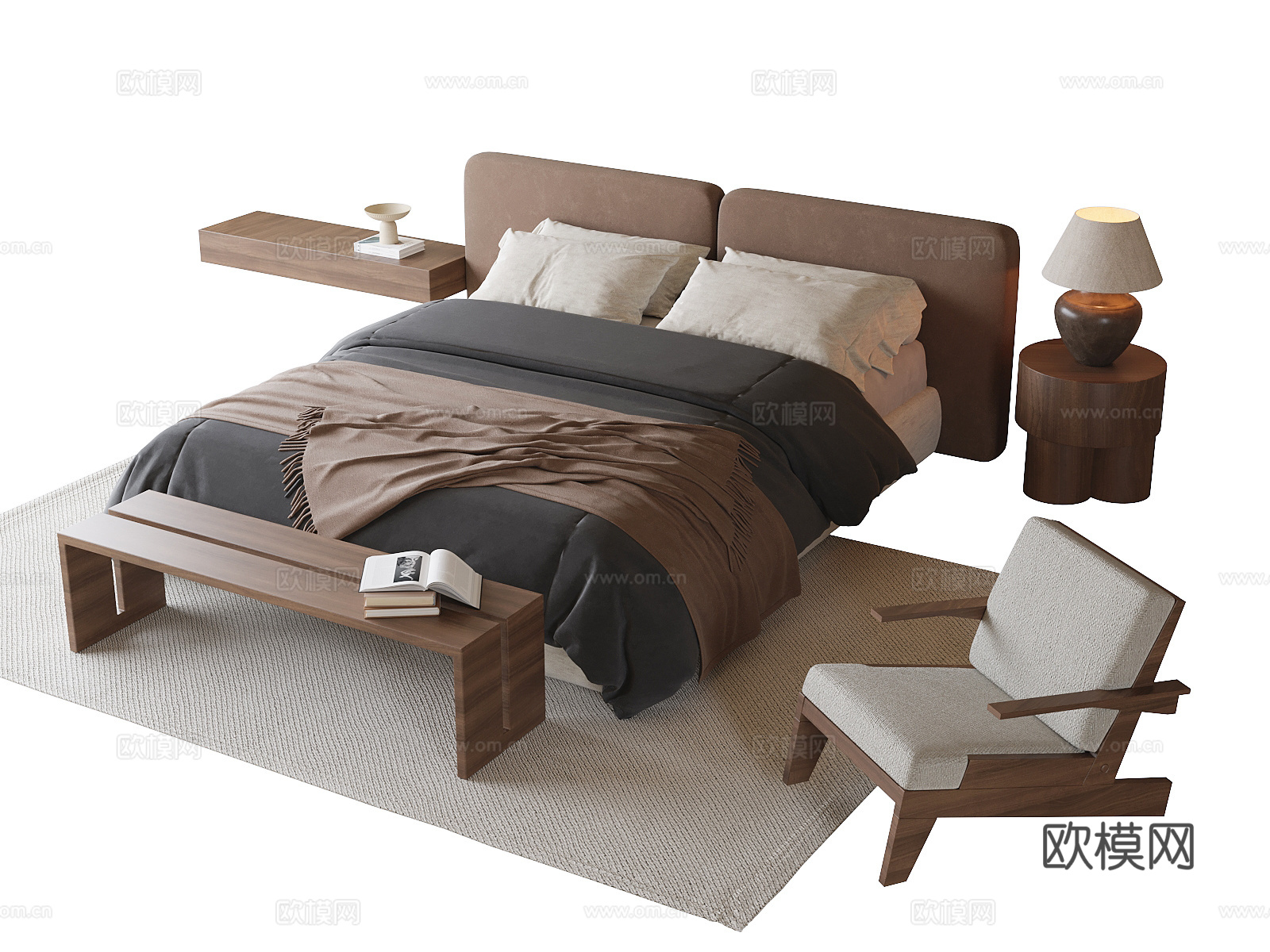 现代双人床 休闲椅 床尾凳su模型