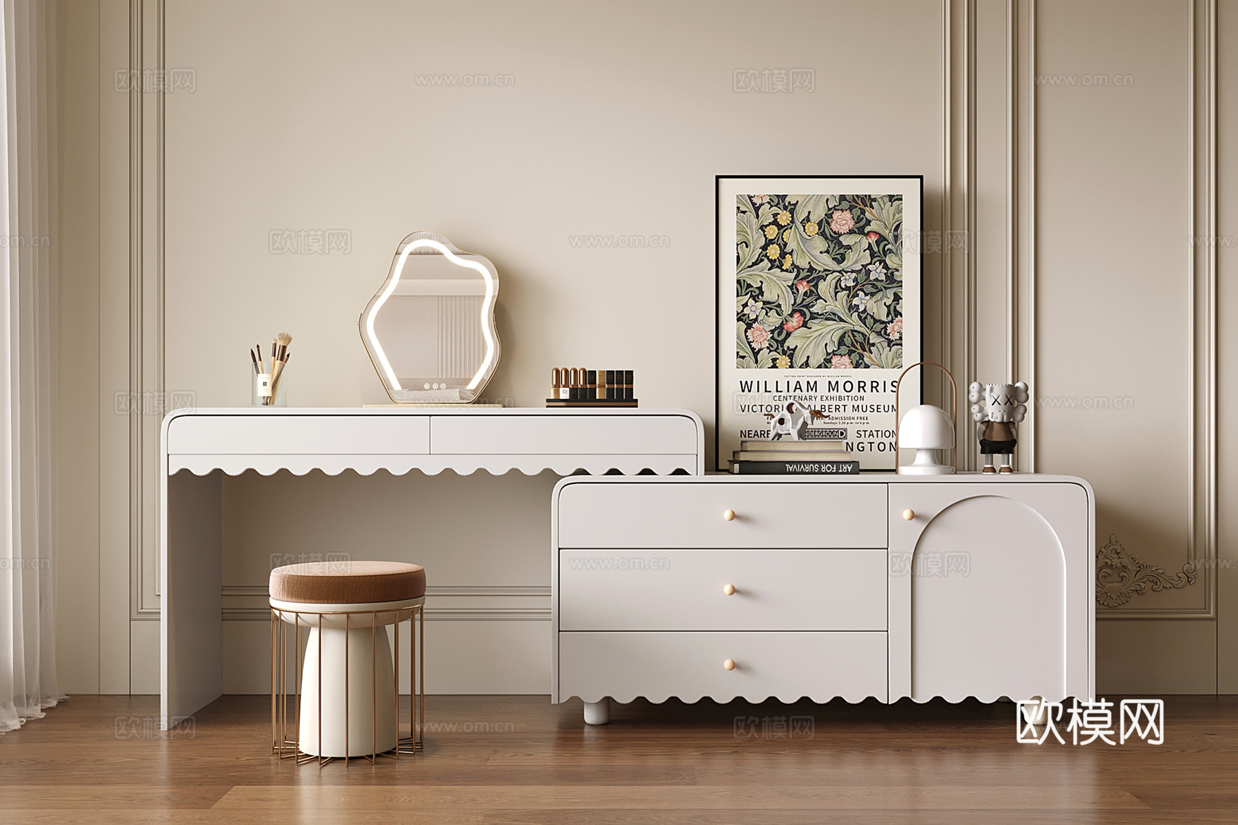 法式奶油风梳妆台 梳妆台斗柜一体 转角化妆台3d模型下载