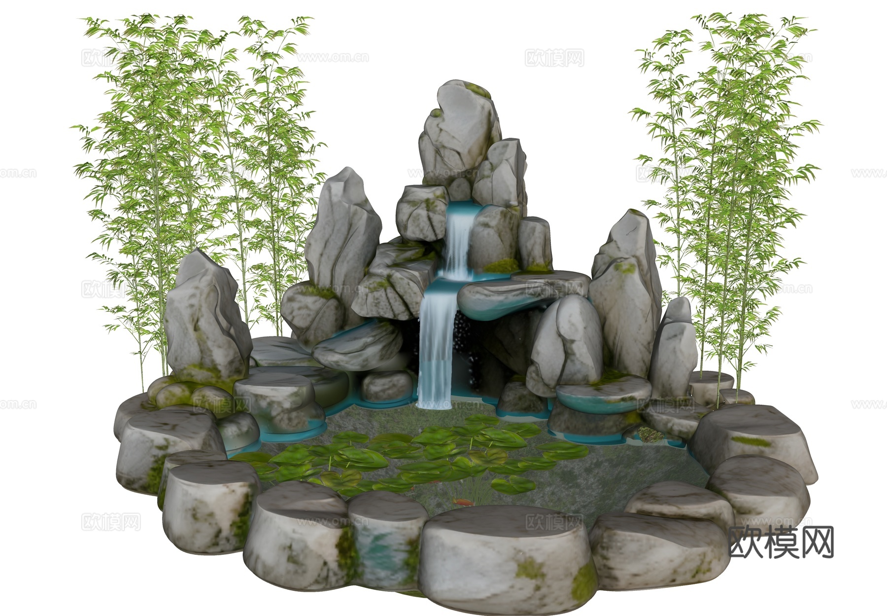 现代生态鱼池 水池 荷花池 观赏锦鲤池 假山叠水 假山水景su模型