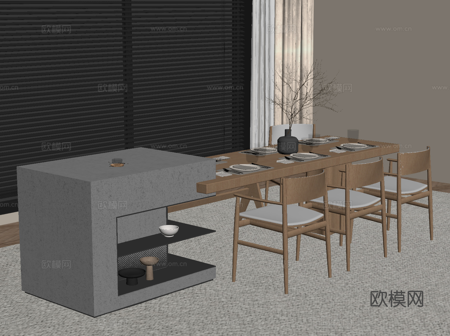 侘寂风岛台 餐桌椅su模型