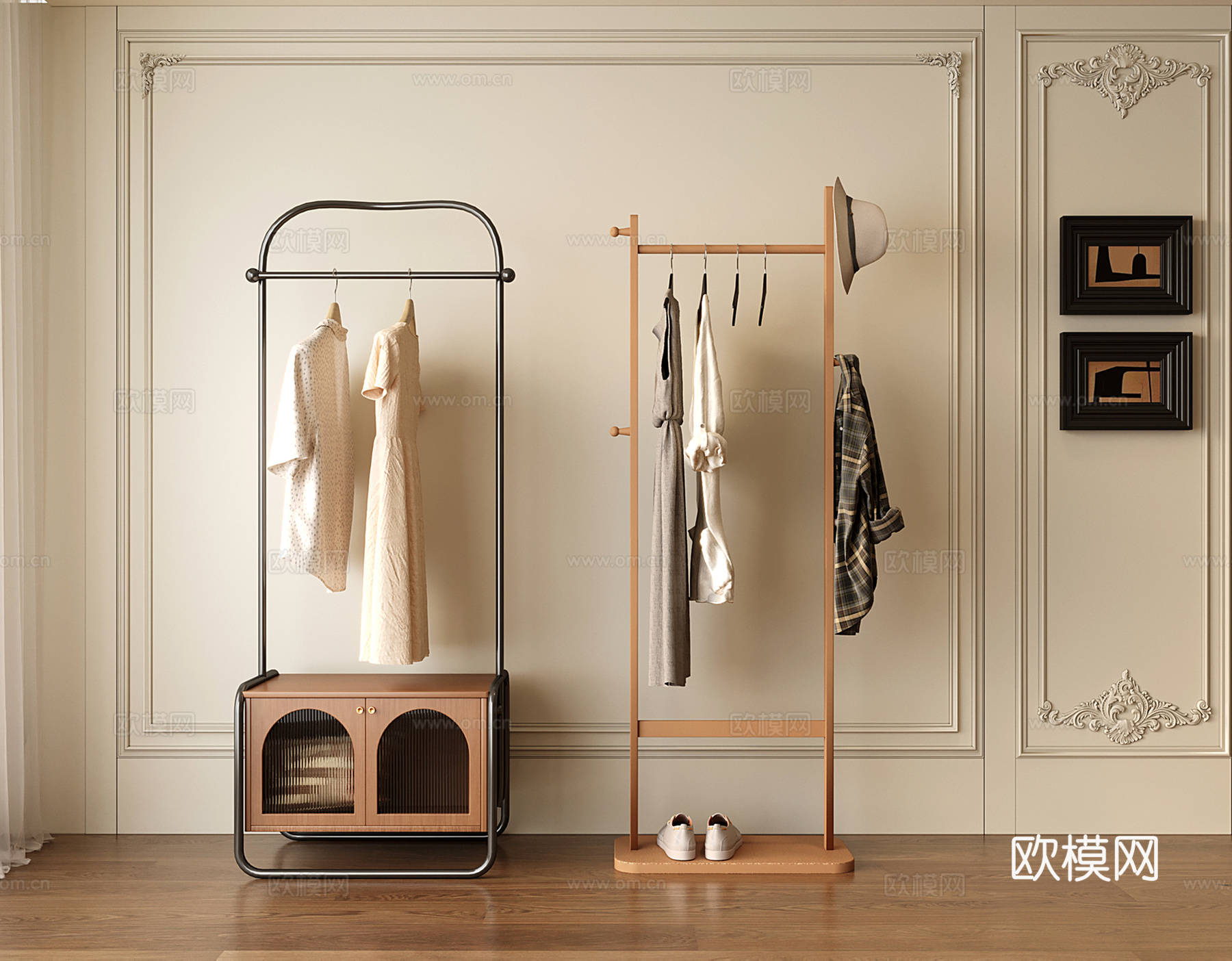 法式复古衣架 落地衣架 衣帽架 挂衣架su模型