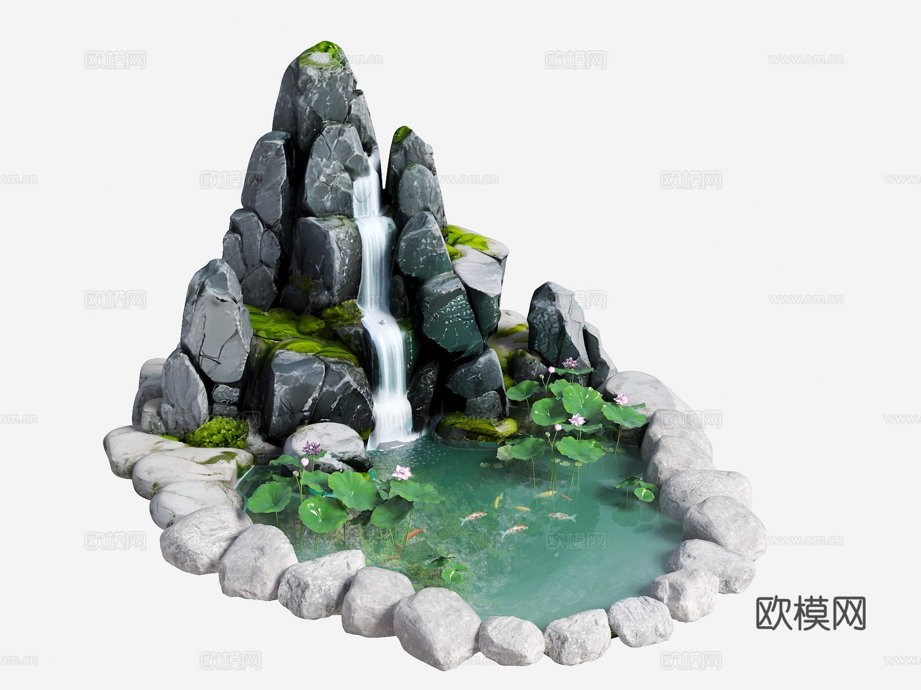 现代生态鱼池 水池 荷花池 观赏锦鲤池 假山叠水 假山水景su模型
