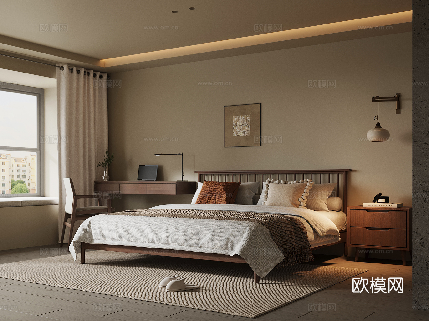 现代中古风卧室 双人床 书桌椅3d模型