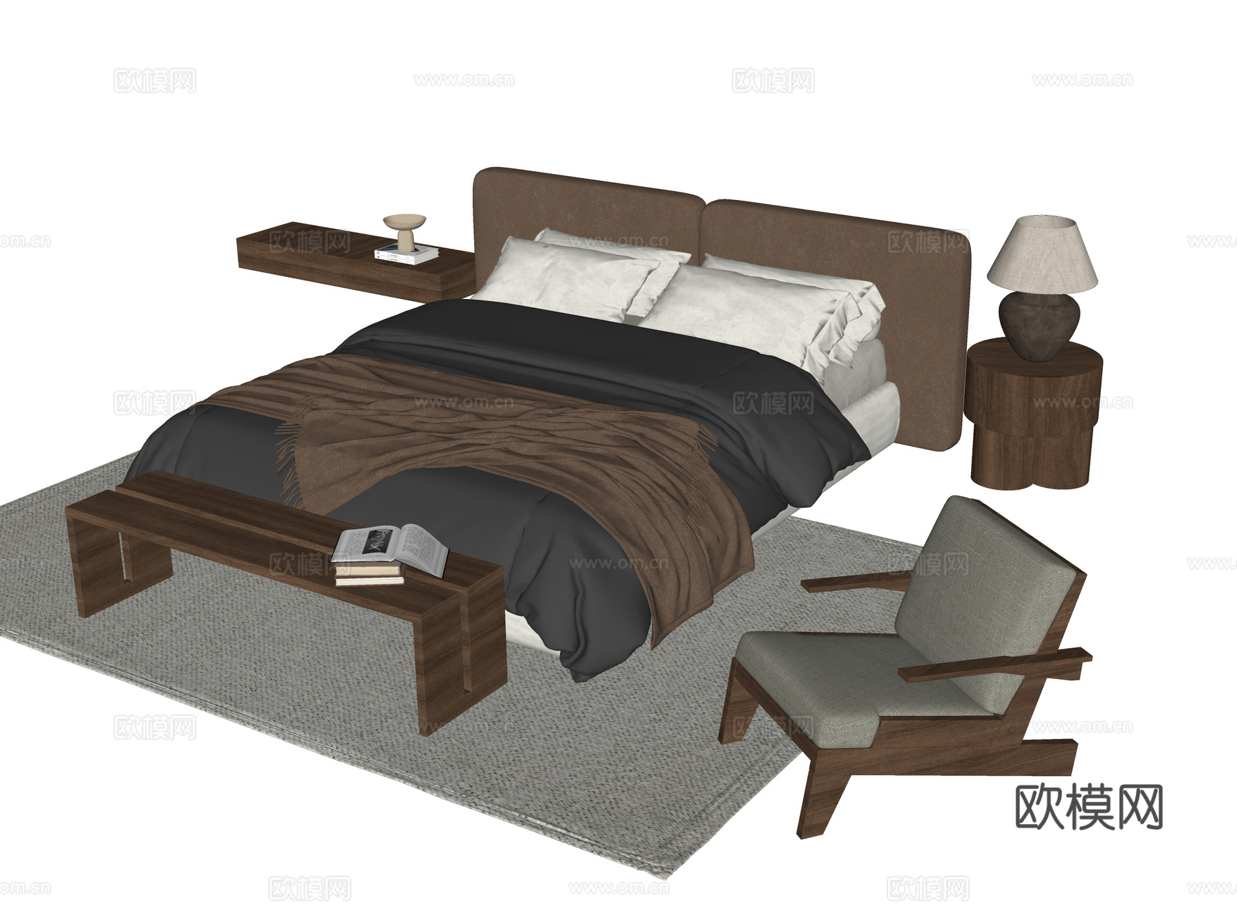 现代双人床 休闲椅 床尾凳su模型
